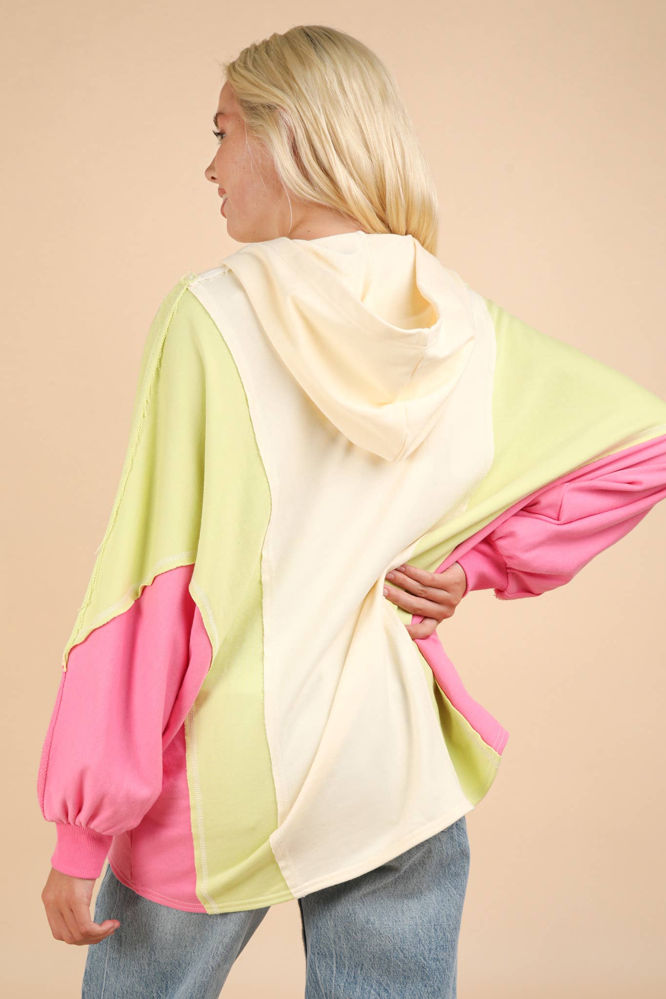 Color Block Dolman Sleeve Hoodie Knit Top