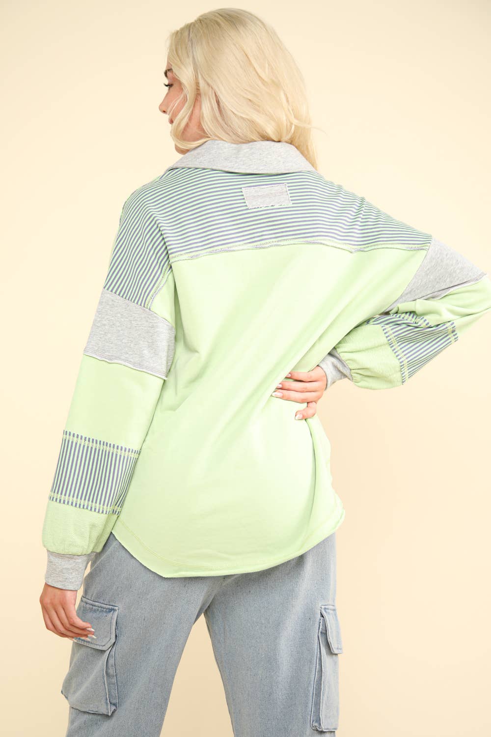 Color Block Oversized Casual Knit Top: APPLE GREEN