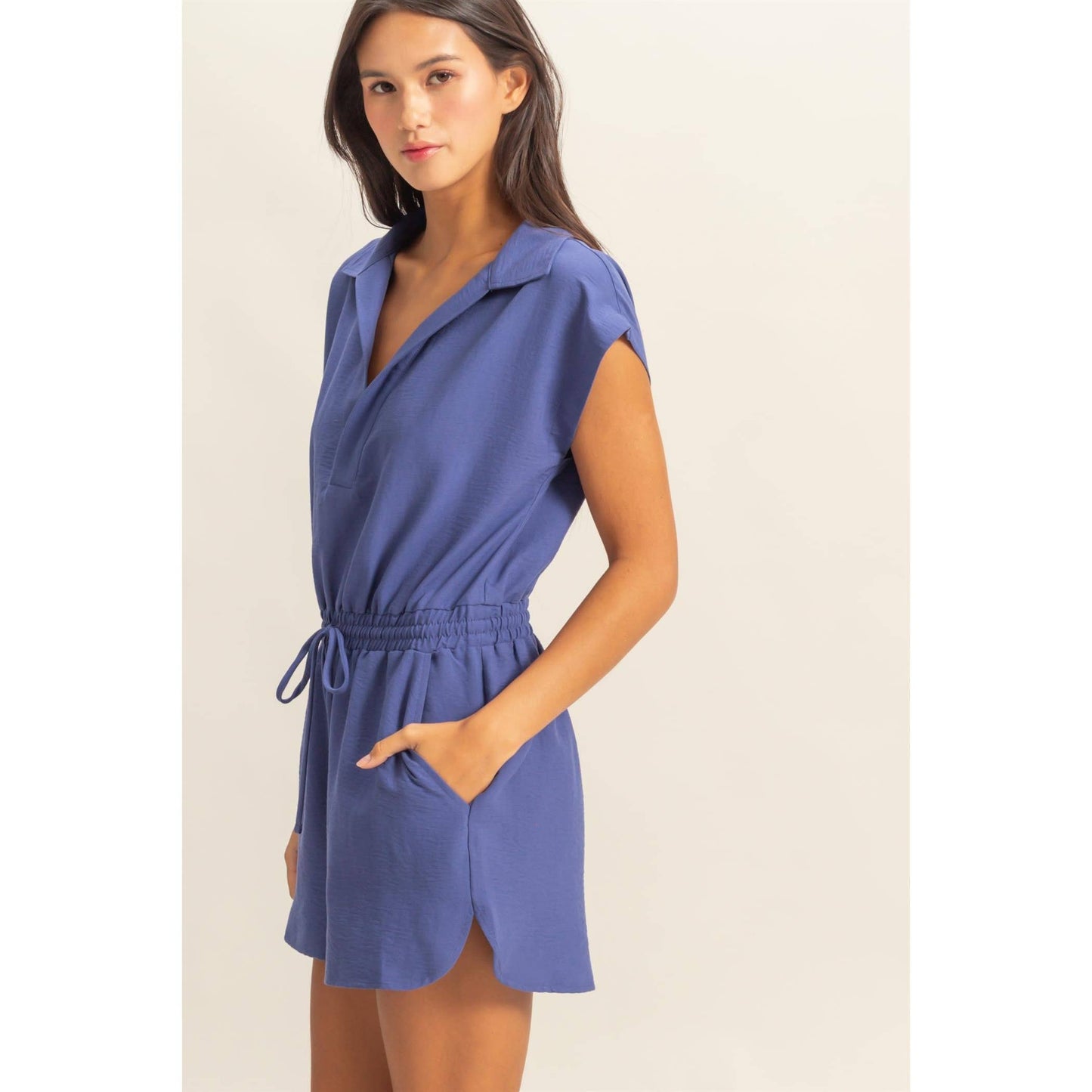 Collared Romper with Buttonless Placket