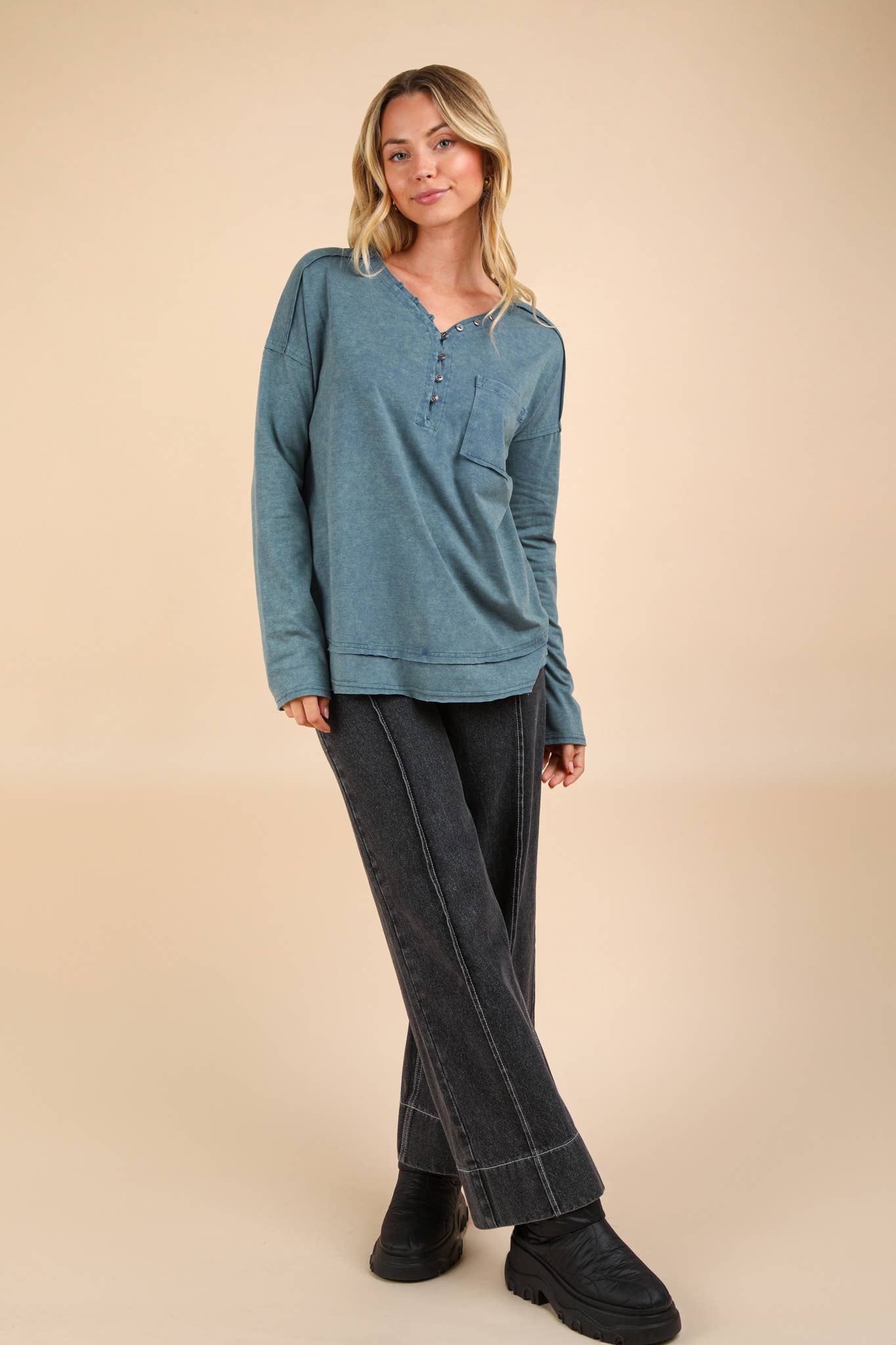 Mineral Washed Cotton Comfy Knit Top: DENIM