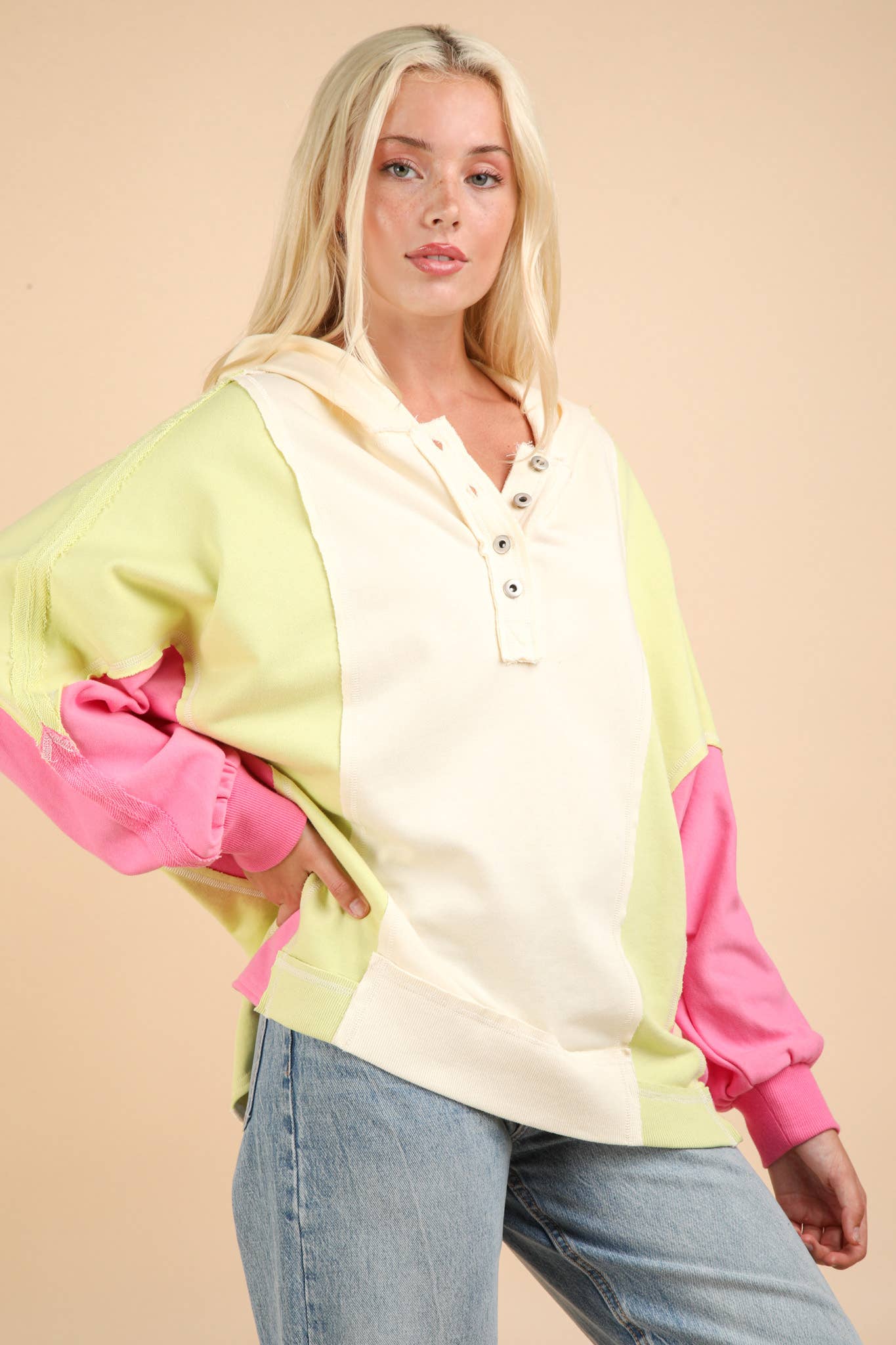 Color Block Dolman Sleeve Hoodie Knit Top