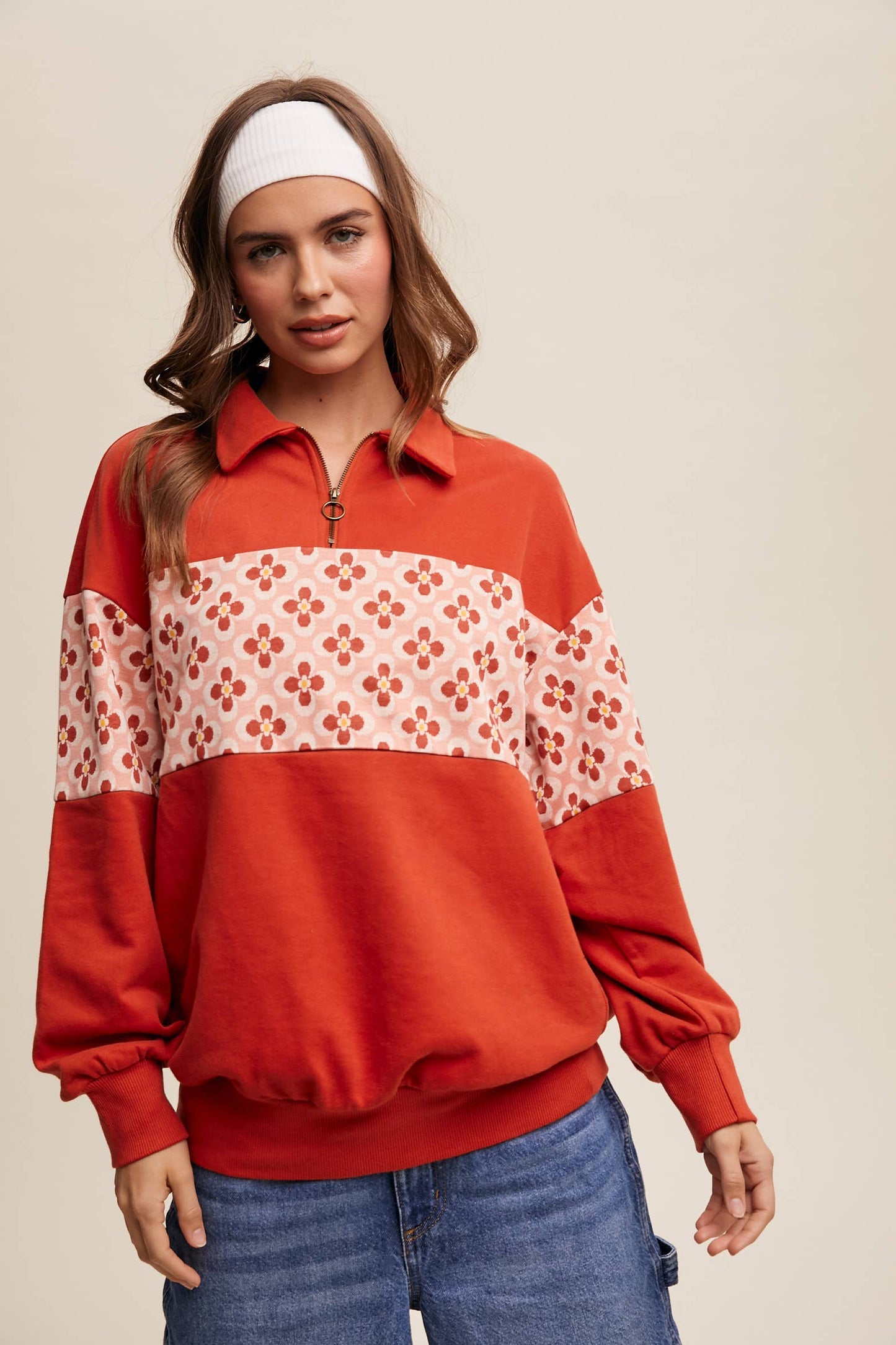 Retro Flower Panel Half-Zip Pullover
