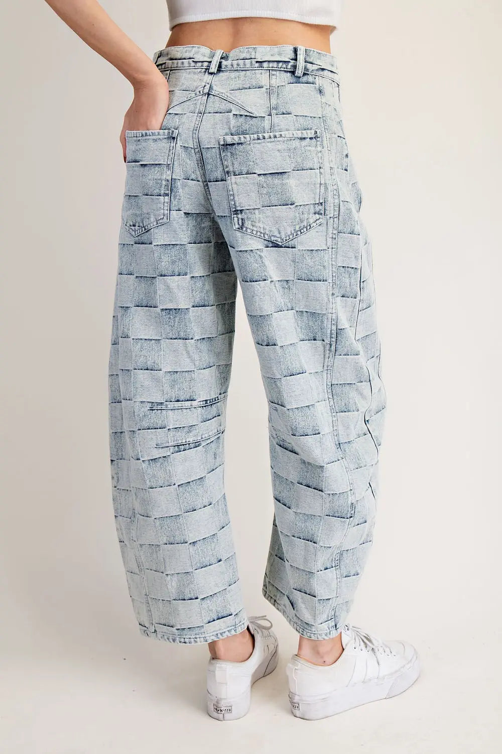 Mineral Washed Checker Print Barrel Jeans