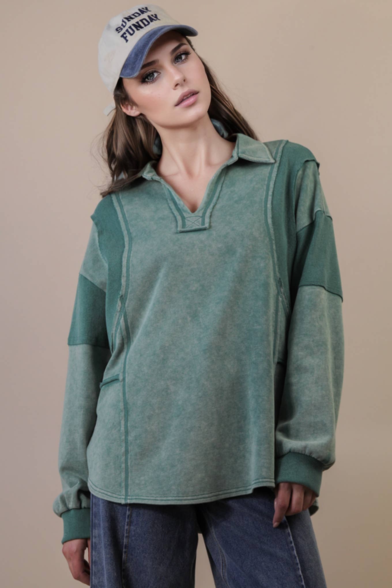 Mineral Washed Oversized French Terry Knit Top: SAGE