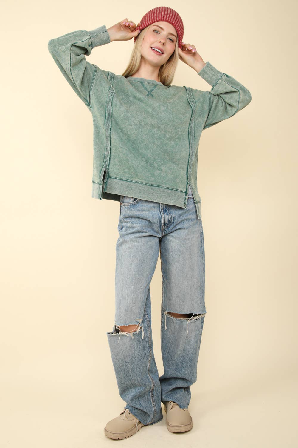 Mineral Washed French Terry Oversized Knit Top: Green
