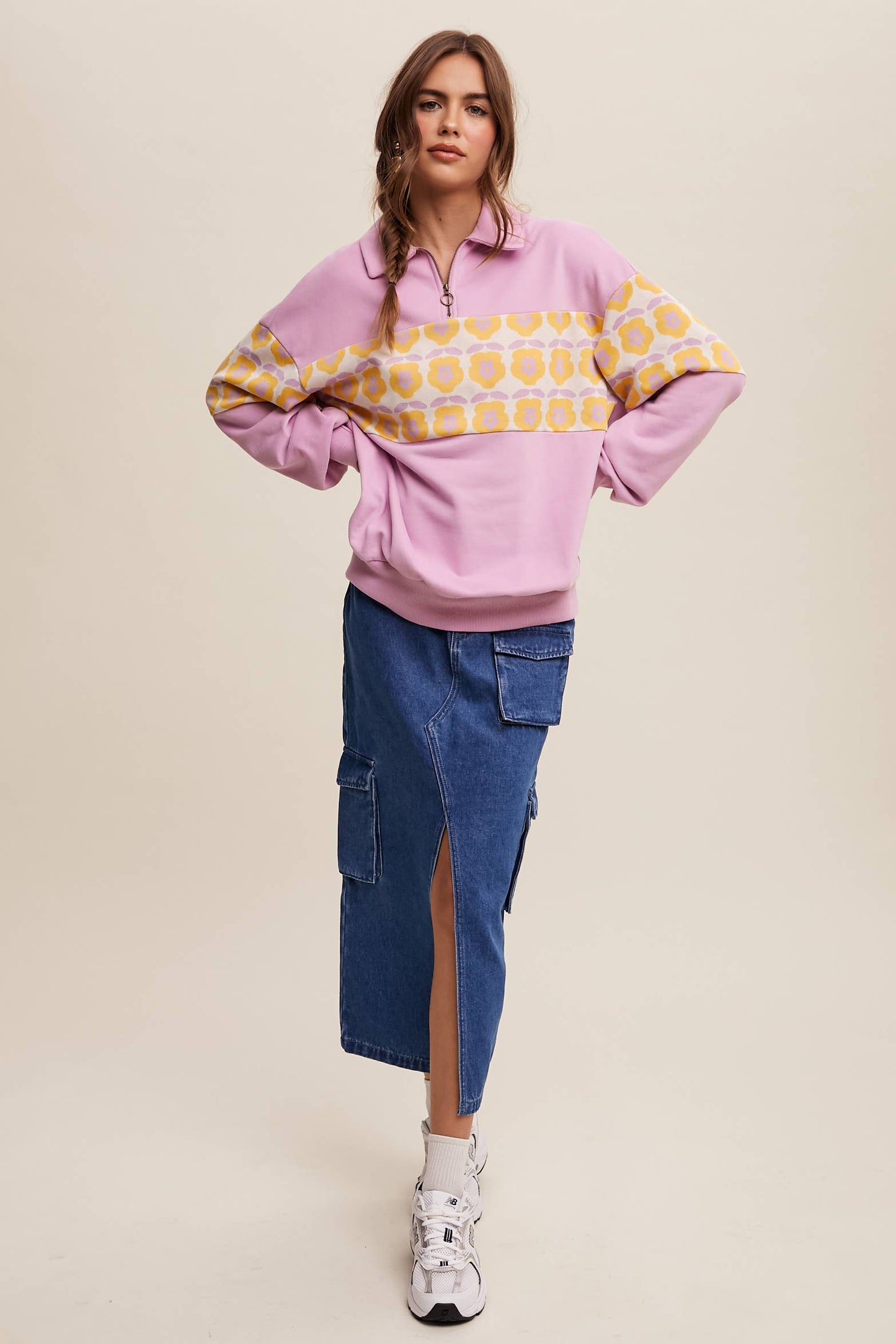 Retro Flower Panel Half-Zip Pullover