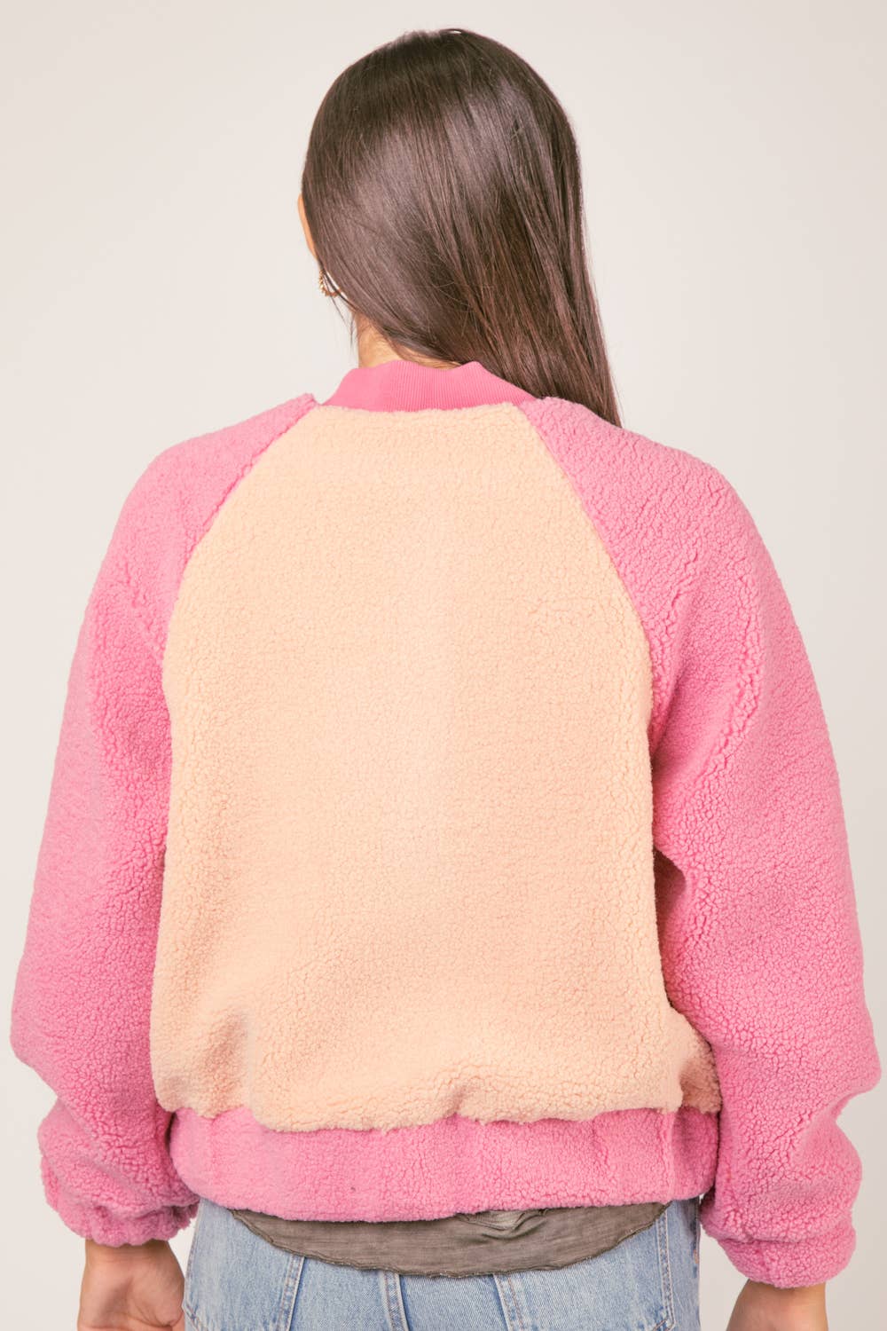 Raglan Sleeve Oversized Color Block Fleece Jacket: Pink