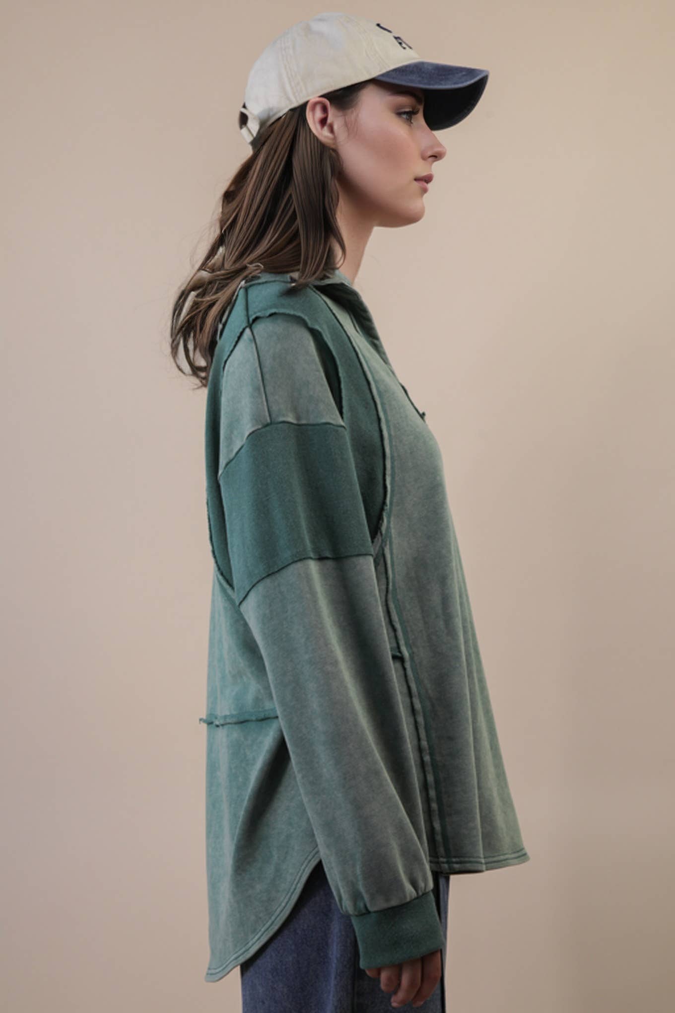 Mineral Washed Oversized French Terry Knit Top: SAGE