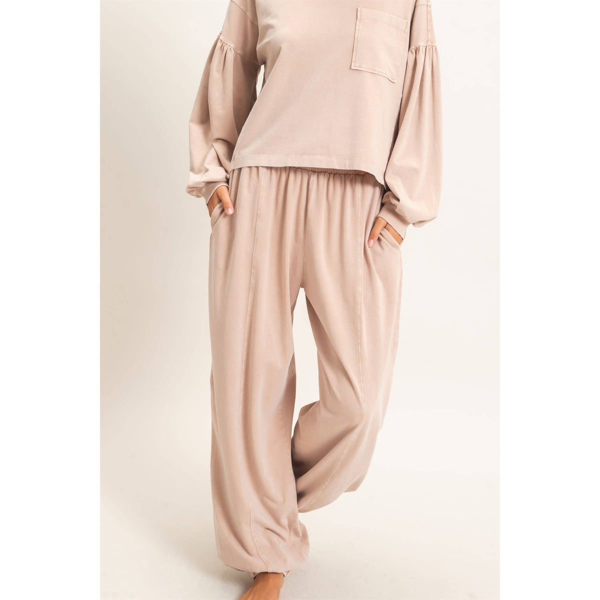 Mineral Wash Elastic Waist Jogger Pants: DARK TAUPE