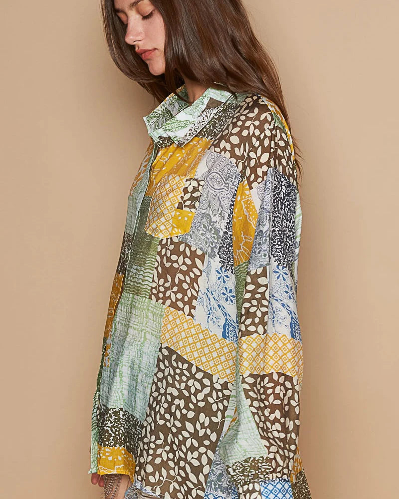 Olive Green & Yellow Gold Boho Patchwork Button Down Long Sleeve Top