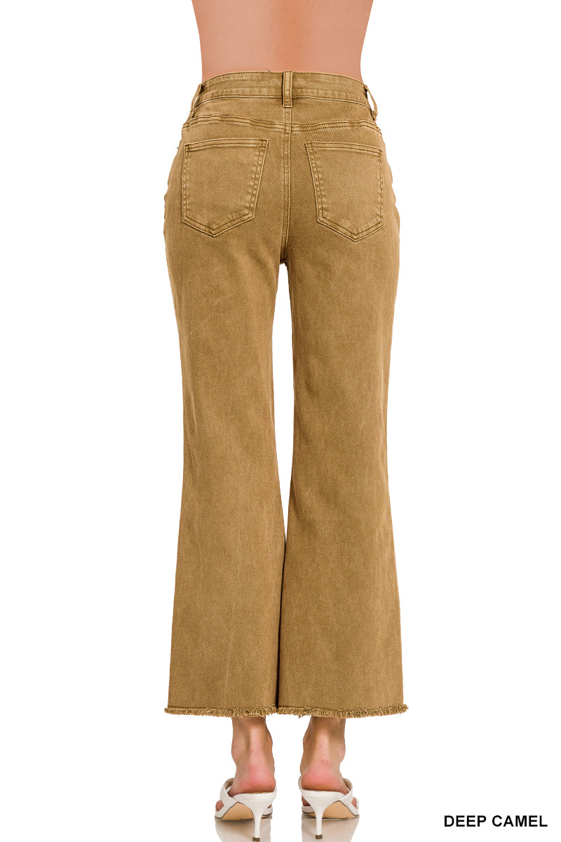 ACID WASHED HIGH WAIST FRAYED HEM BOOTCUT PANTS