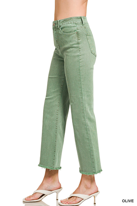 ACID WASHED HIGH WAIST FRAYED HEM BOOTCUT PANTS