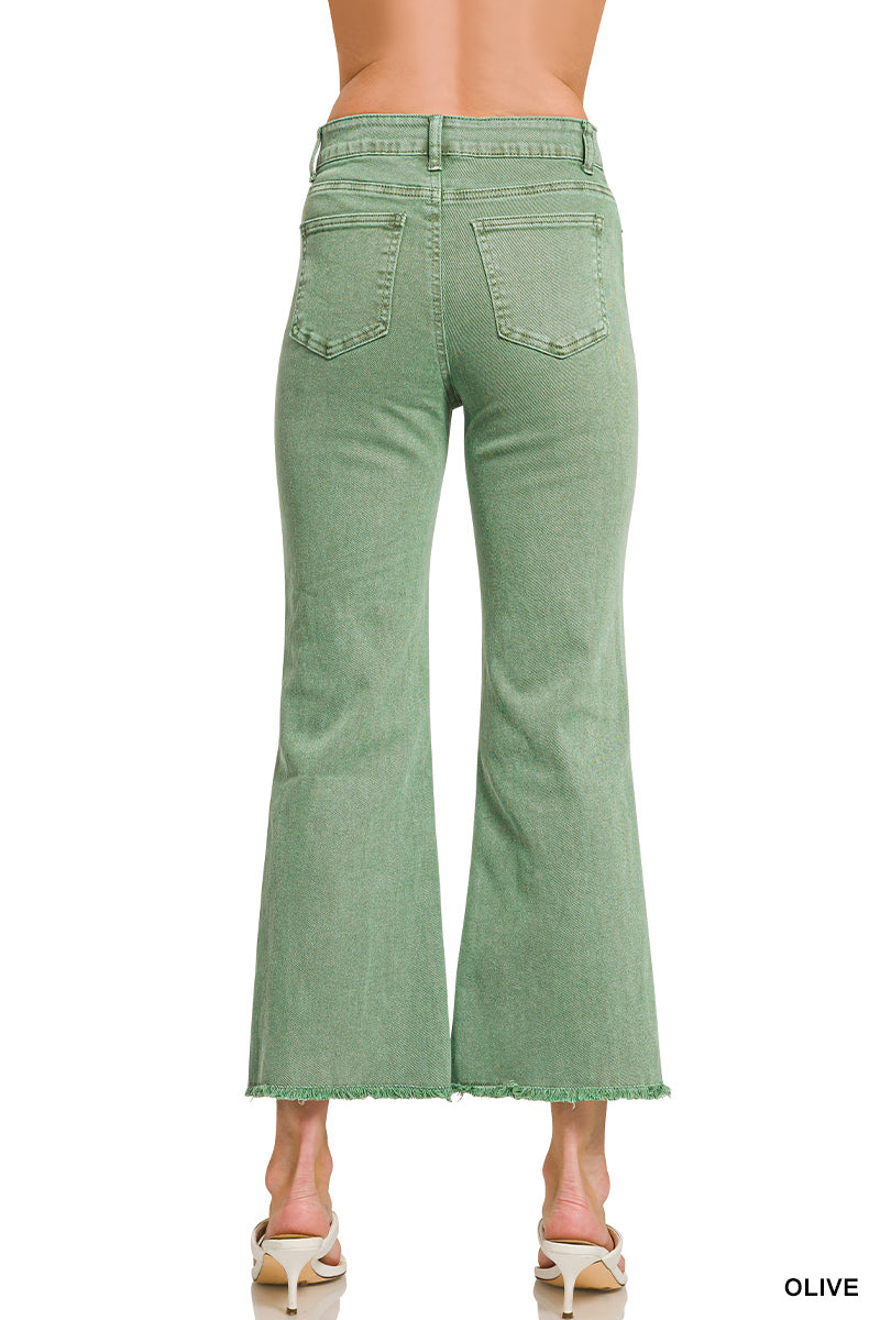 ACID WASHED HIGH WAIST FRAYED HEM BOOTCUT PANTS