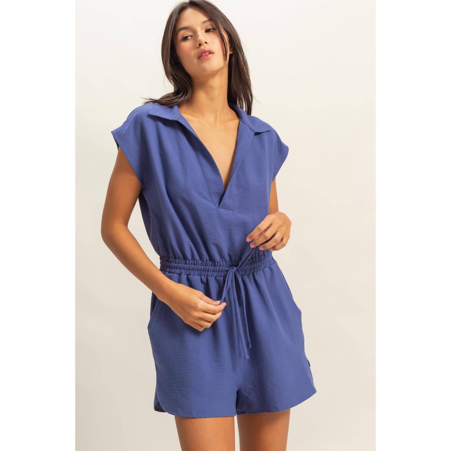 Collared Romper with Buttonless Placket