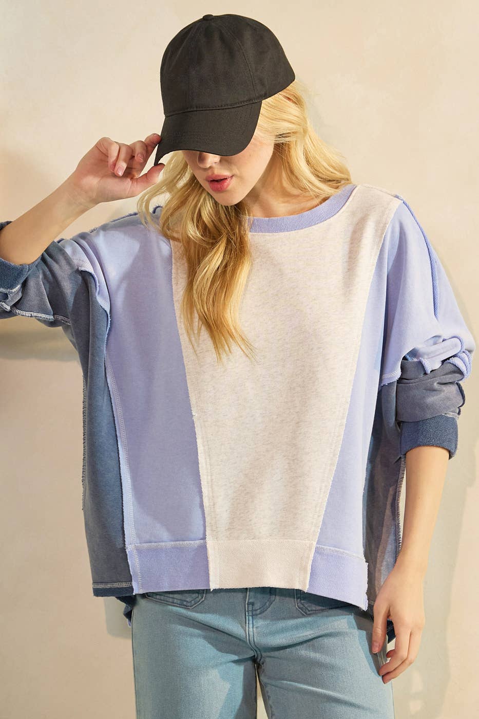 MINERAL WASH COLOR BLOCK DOLMAN SLEEVE PULLOVER