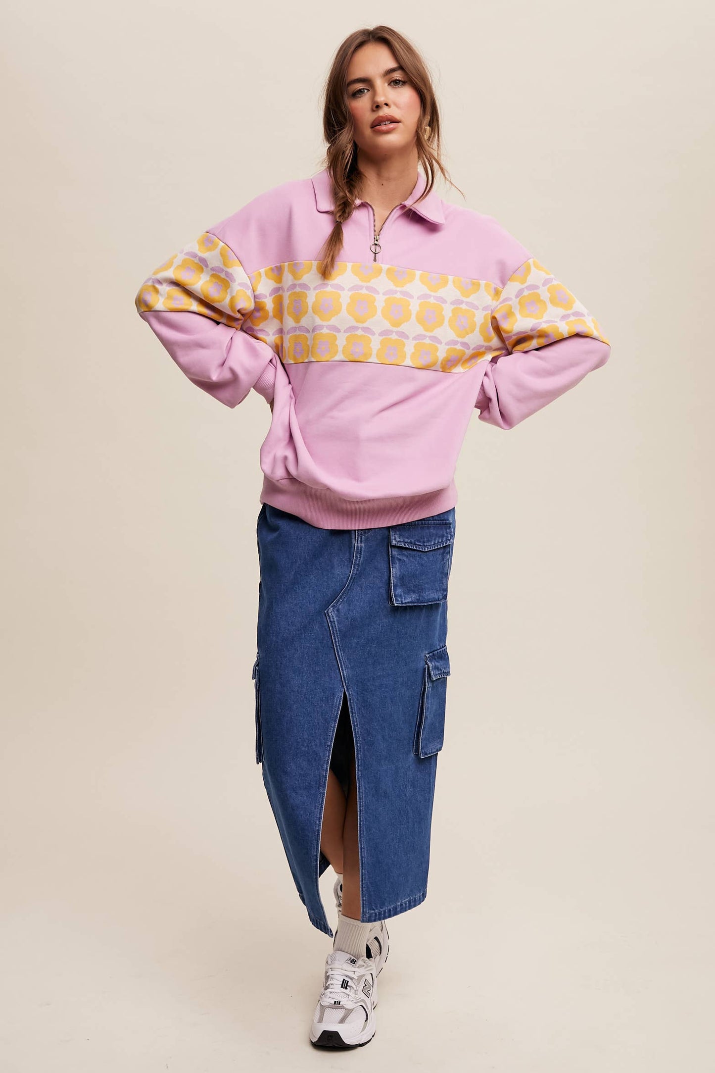 Retro Flower Panel Half-Zip Pullover