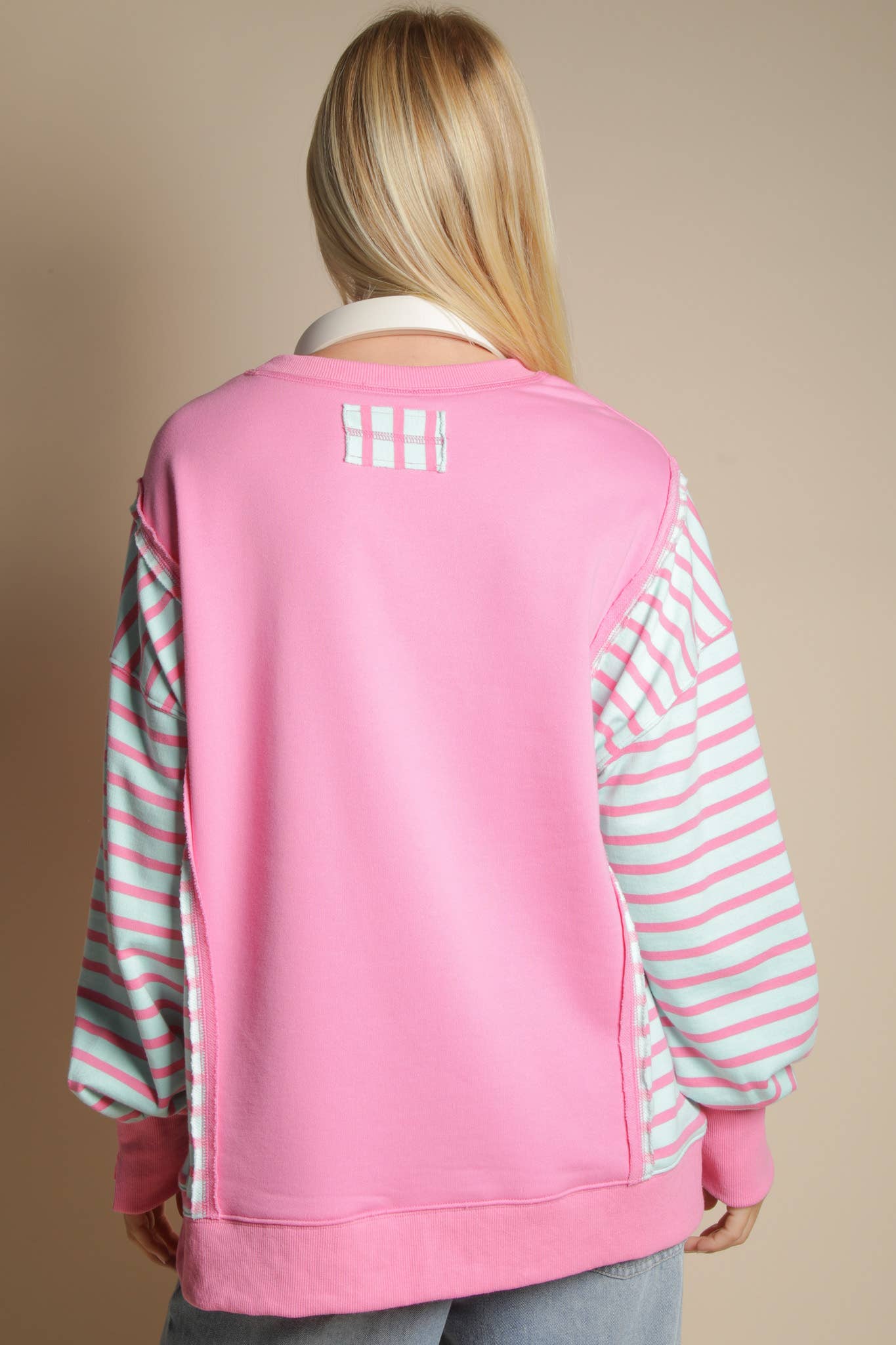 Oversized Striped Casual Knit Top: PINK
