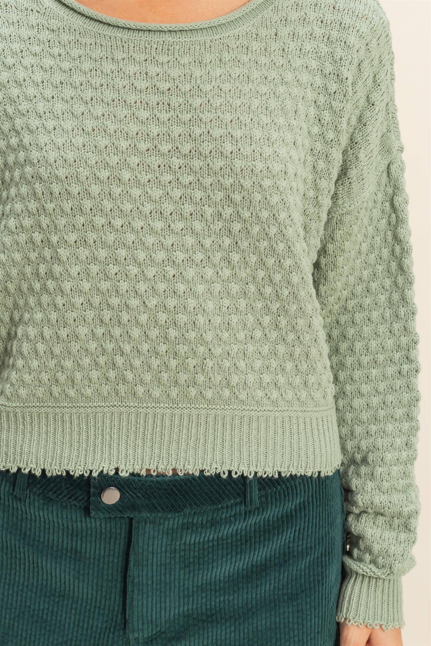 Textured Round Neck Long Sleeve Sweater: SAGE GREEN