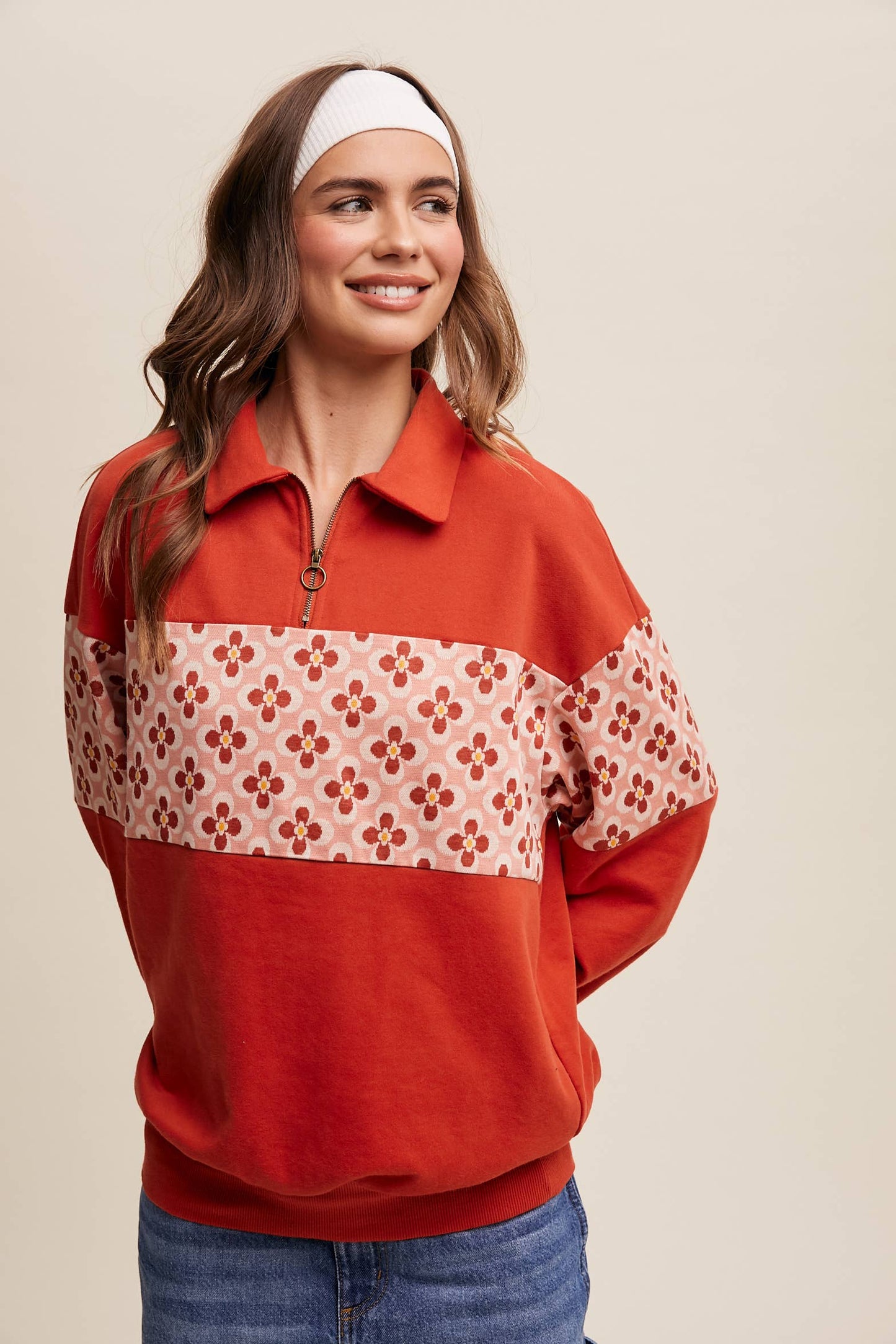 Retro Flower Panel Half-Zip Pullover