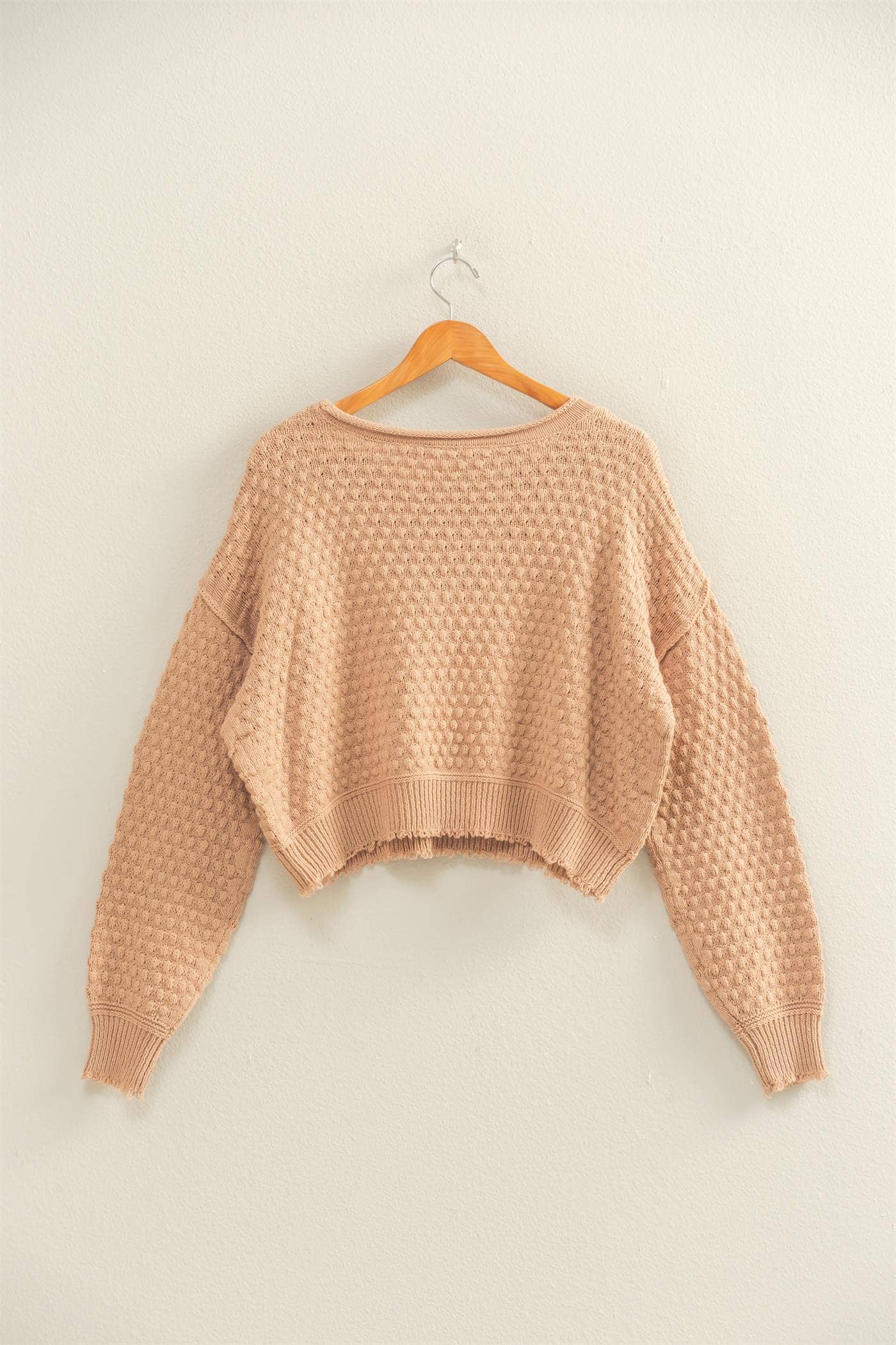 Textured Round Neck Long Sleeve Sweater: DARK TAUPE