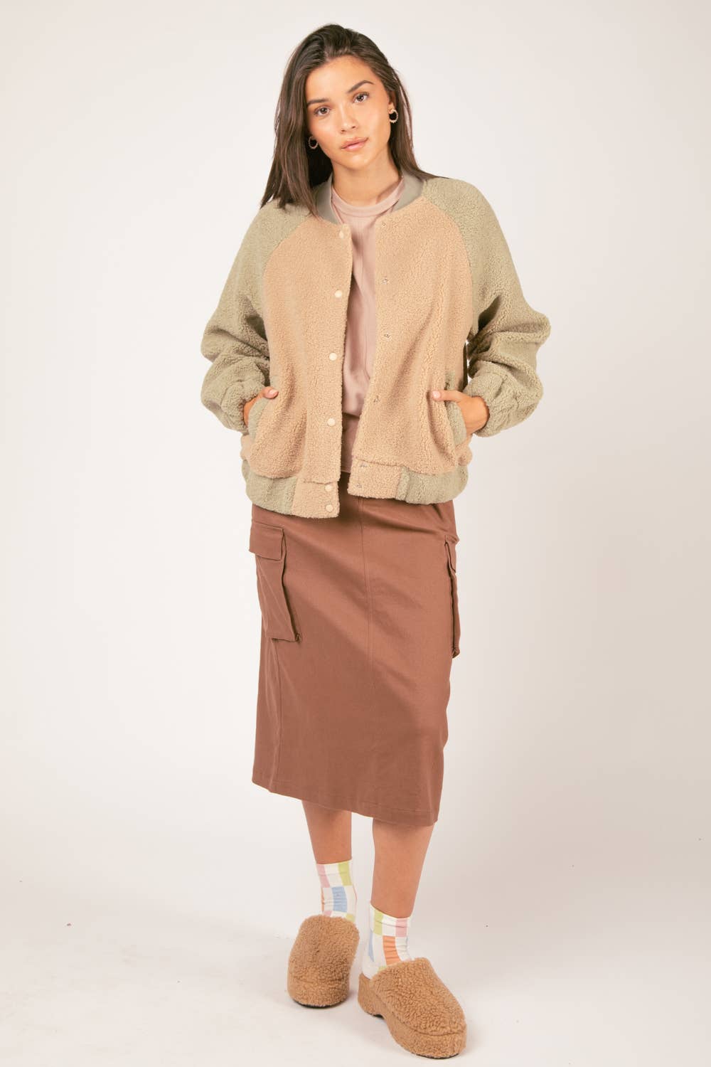 Raglan Sleeve Oversized Color Block Fleece Jacket: SAGE
