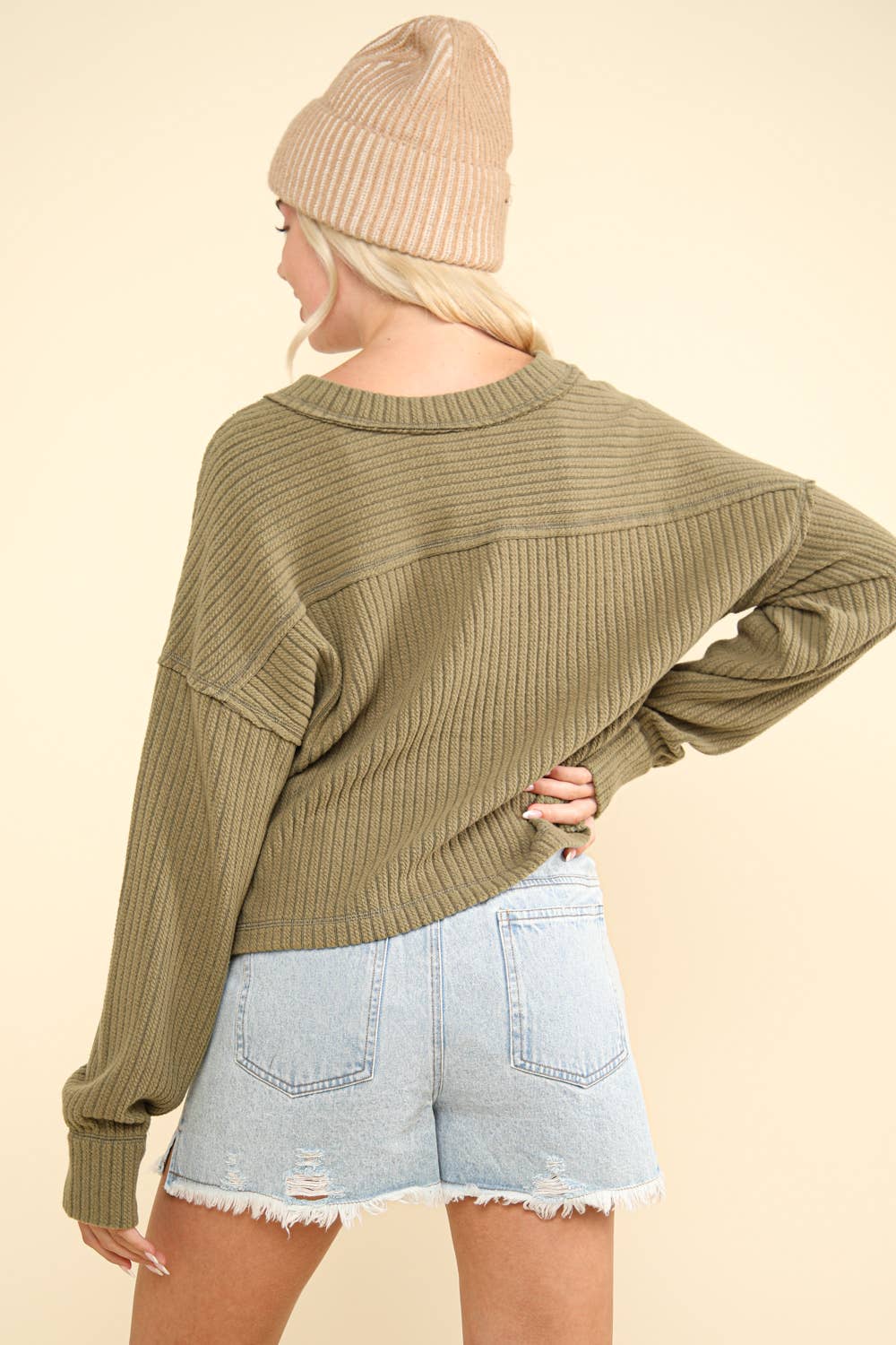Casual Comfy Soft V-Neck Knit Top: OLIVE