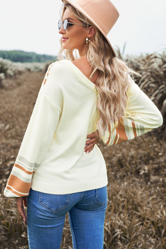 V-Neck Oatmeal Contrast Sweater