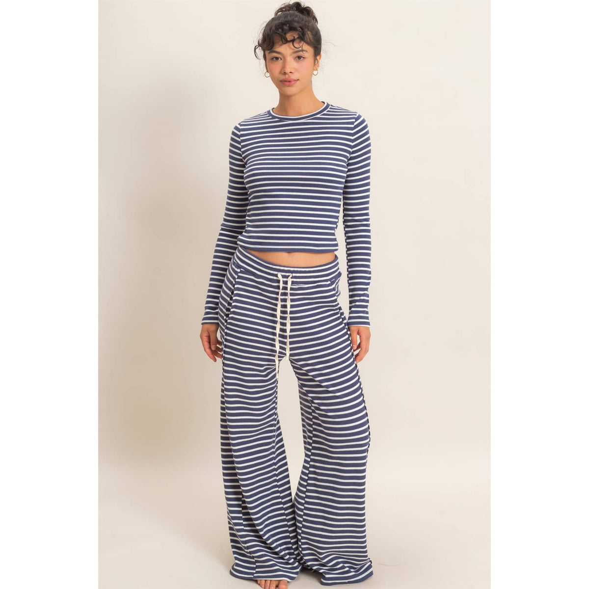 Striped Waffle Long Sleeve Set: NAVY