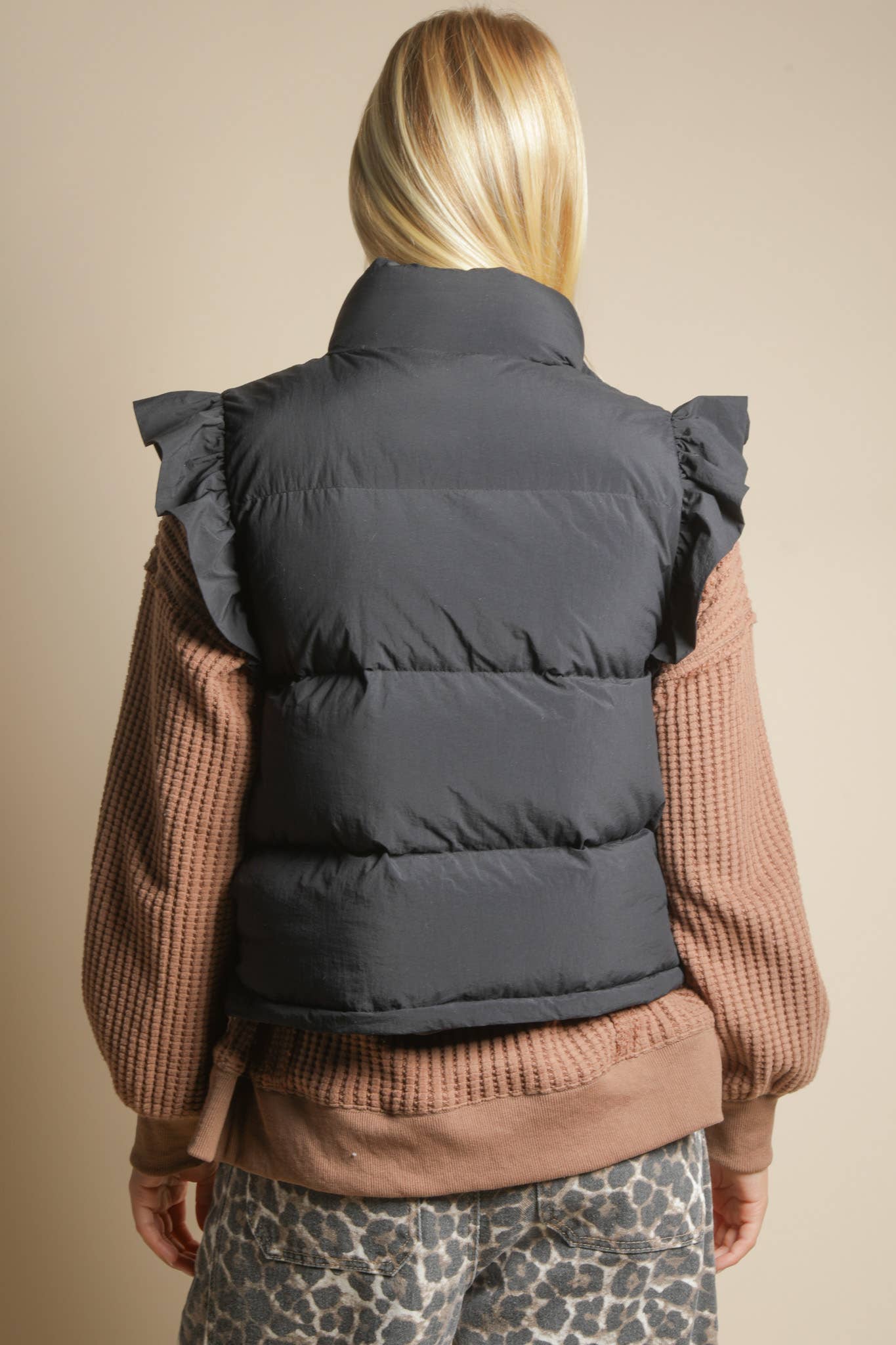 Front Bow Ruffle Sleeve Puffer Vest