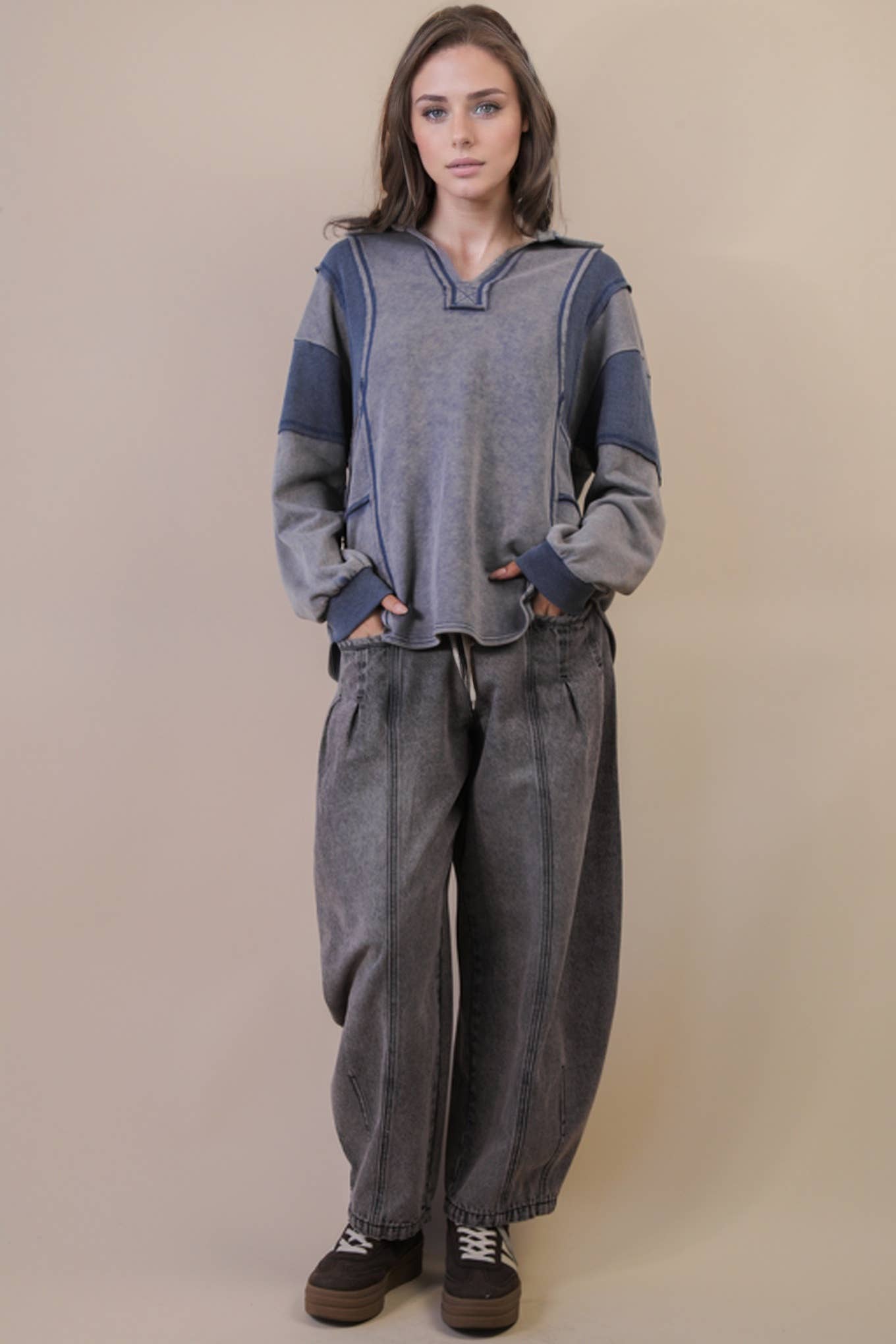 Mineral Washed Oversized French Terry Knit Top: DENIM
