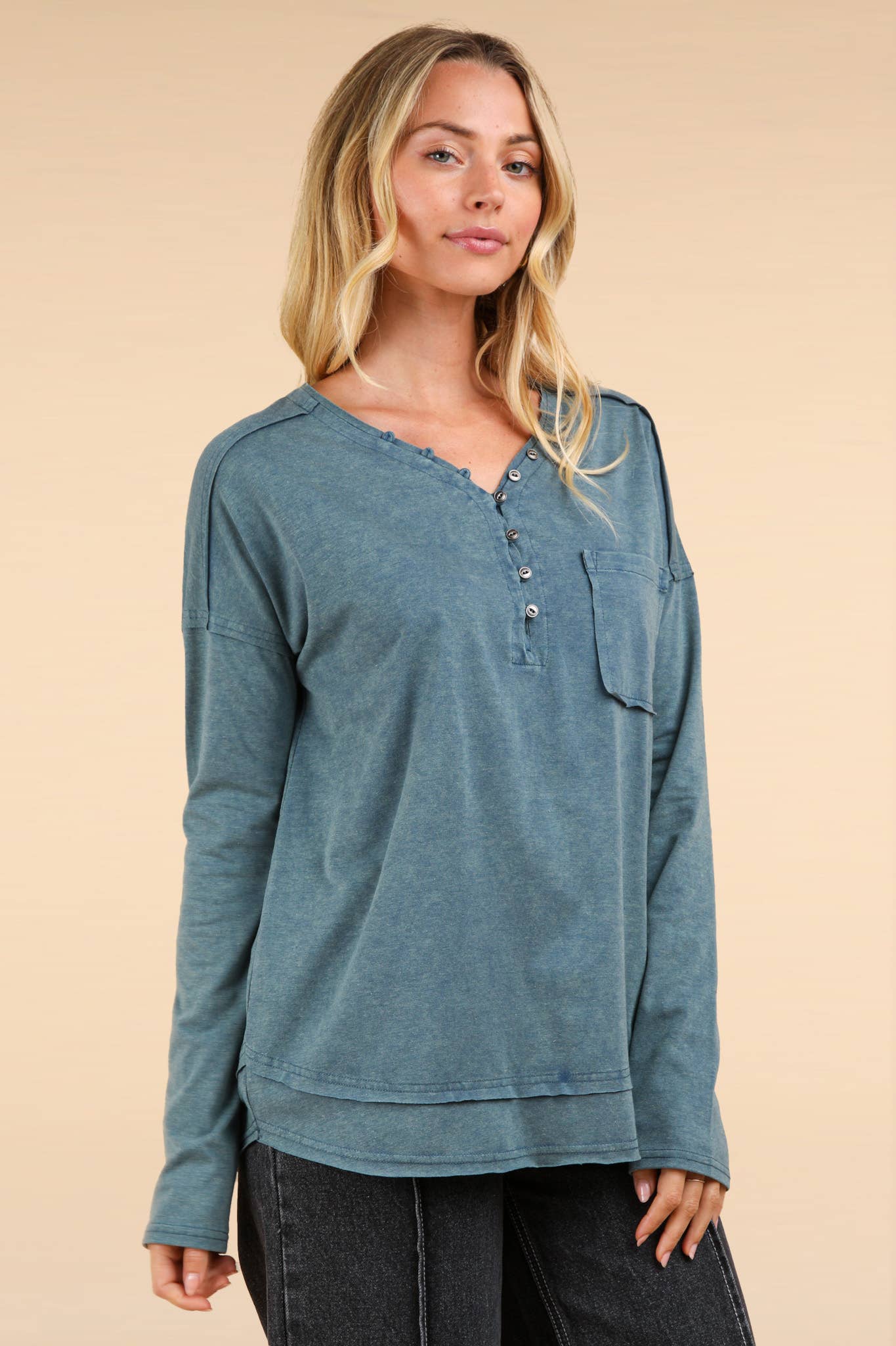Mineral Washed Cotton Comfy Knit Top: DENIM