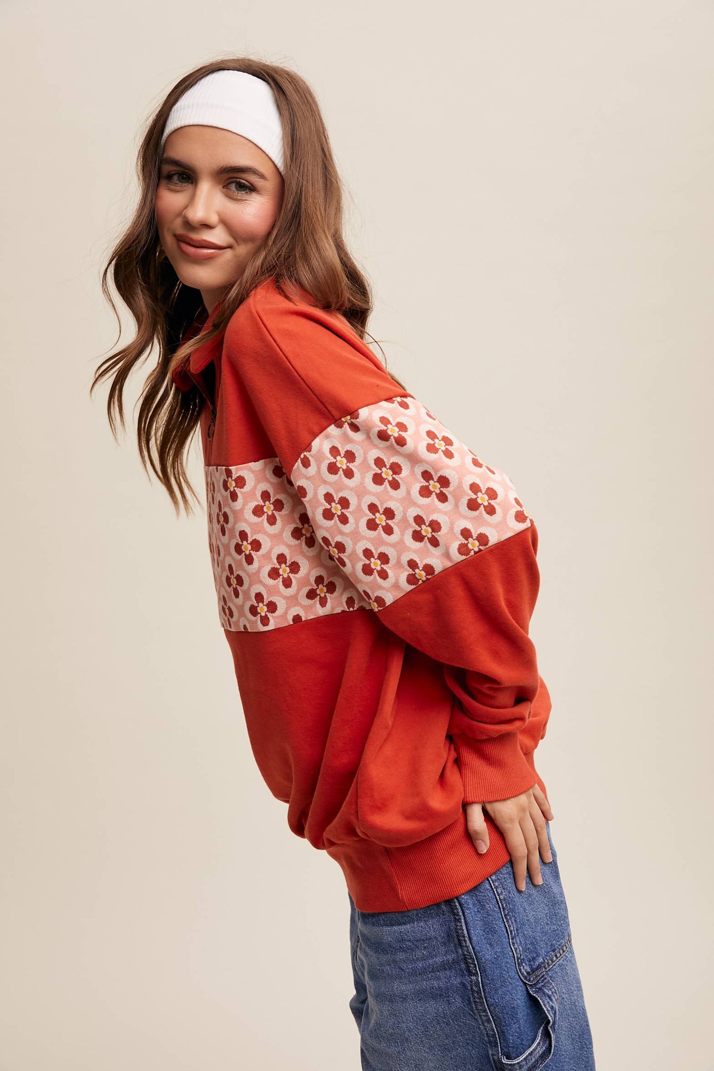 Retro Flower Panel Half-Zip Pullover