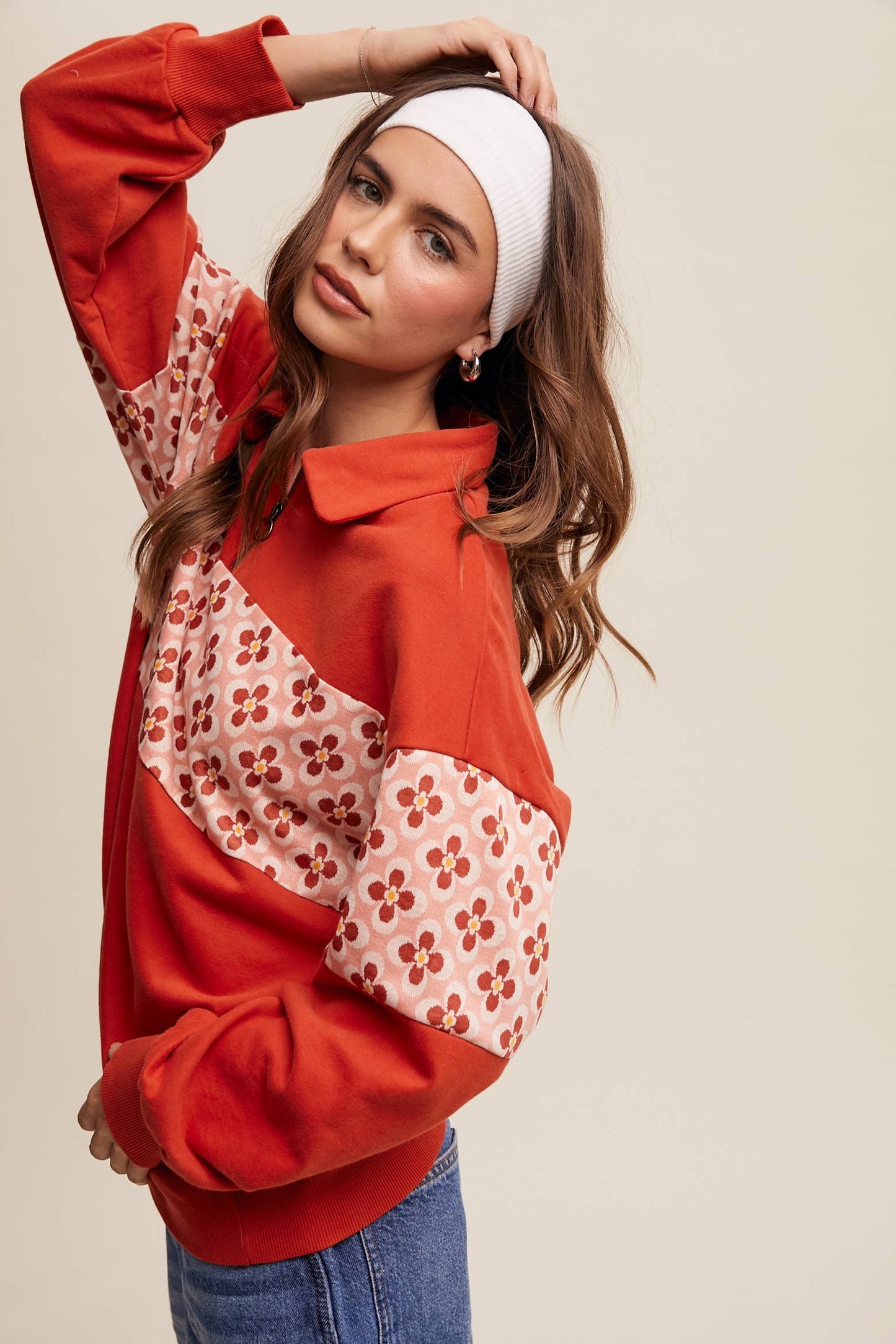 Retro Flower Panel Half-Zip Pullover