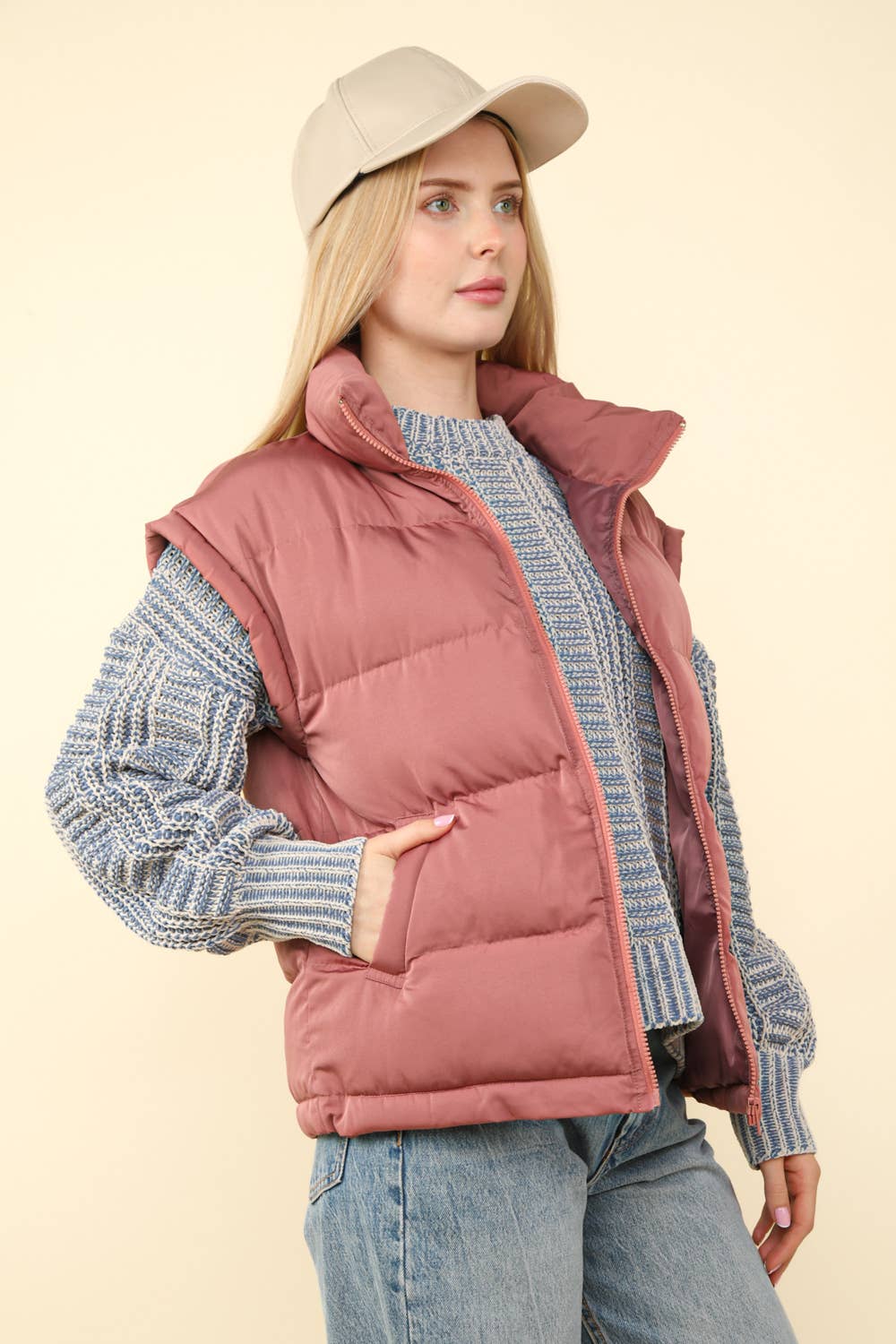 High Neck Casual Comfy Puffer Vest: MAUVE
