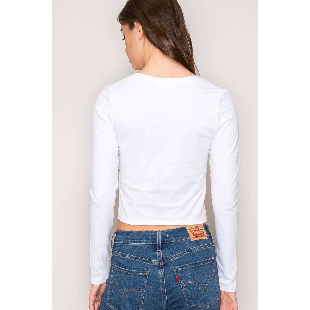 Crew Neck Long Sleeve Crop Top: White