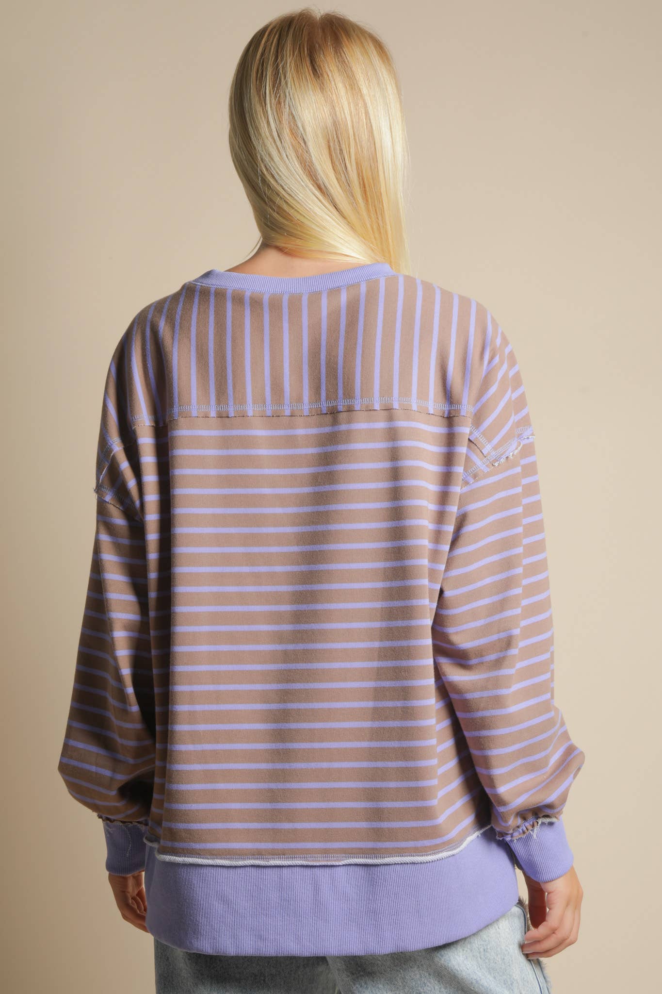 Stripe Comfy Casual Oversized Knit Top: MOCHA/LAVENDER