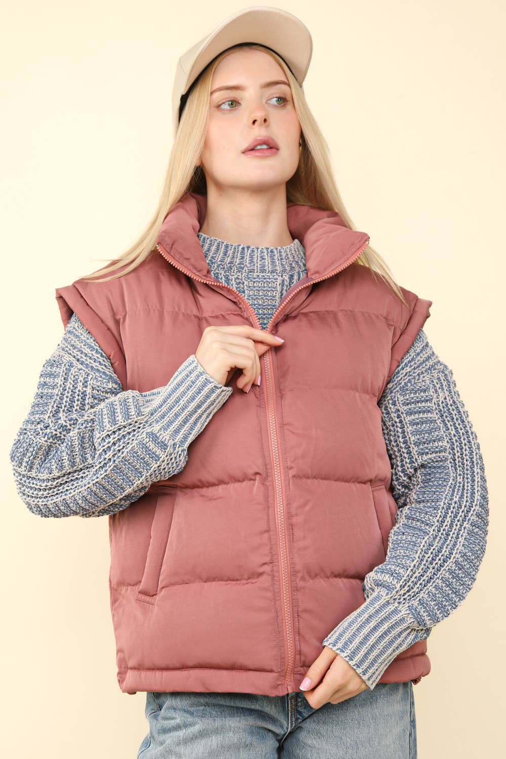 High Neck Casual Comfy Puffer Vest: MAUVE