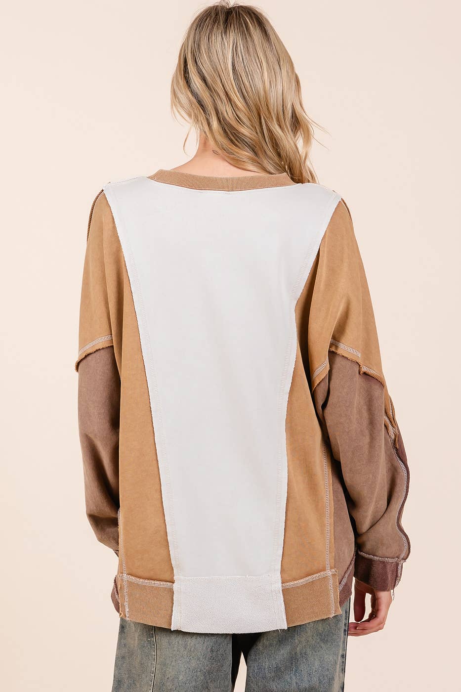 MINERAL WASH COLOR BLOCK DOLMAN SLEEVE PULLOVER