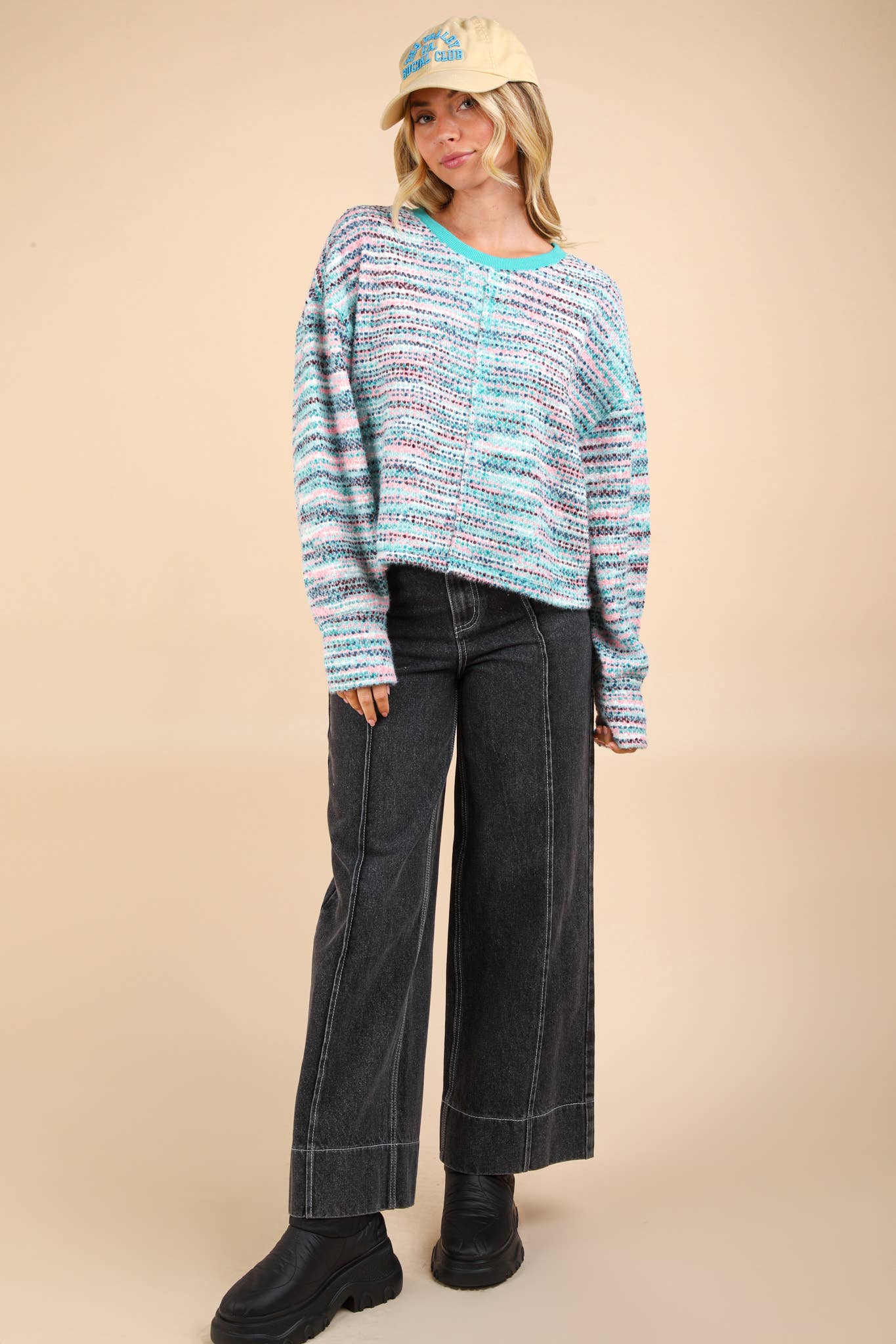 Multi Color Bounce Oversized Knit Top: SEAFOAM MIX