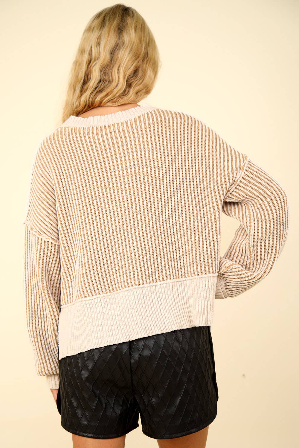 Two Tone Striped Casual Stripe Sweater-Cream