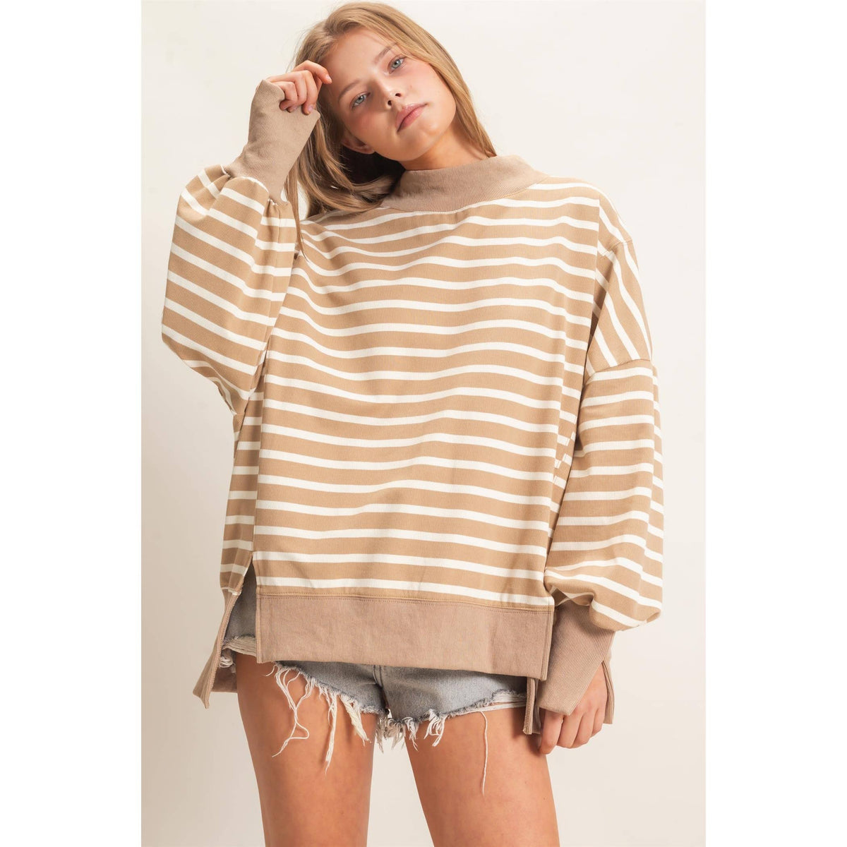 Striped Mock Neck Sweatshirt: TAUPE/CREAM
