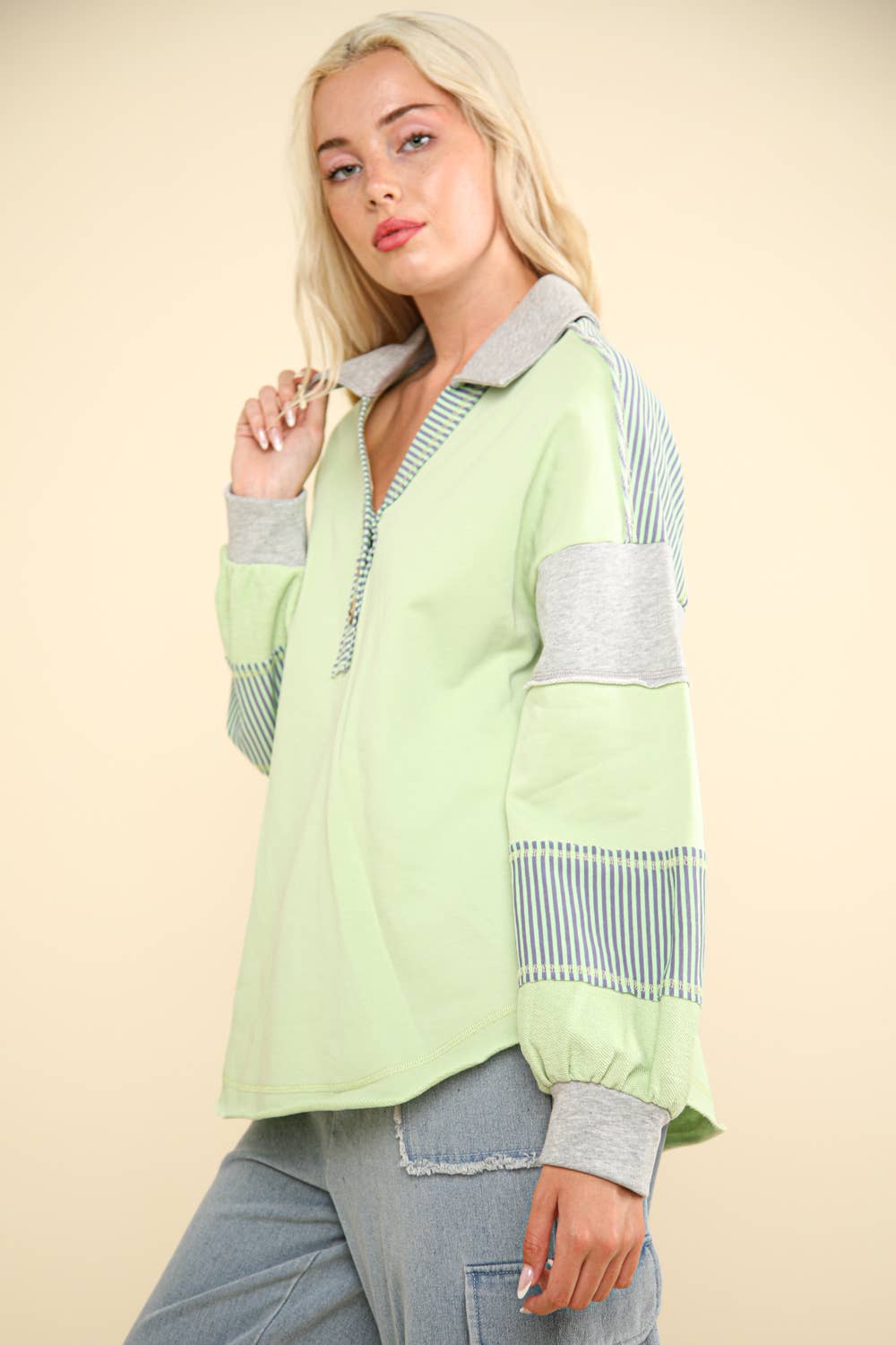 Color Block Oversized Casual Knit Top: APPLE GREEN