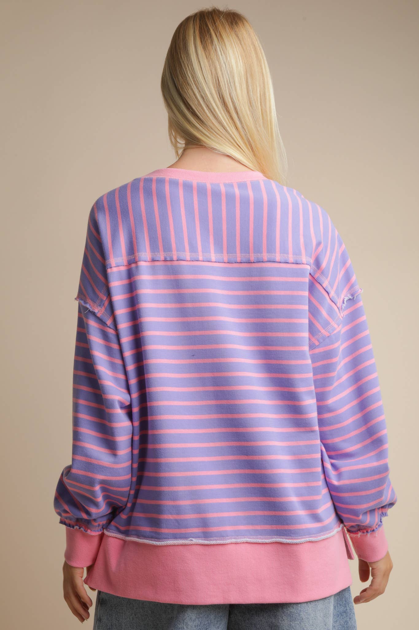 Stripe Comfy Casual Oversized Knit Top: LAVENDER/PINK