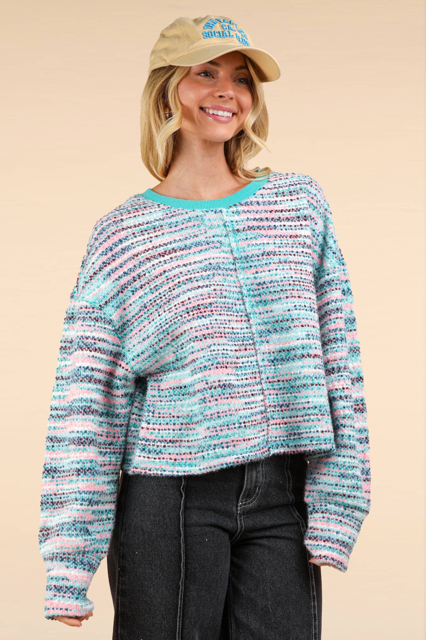 Multi Color Bounce Oversized Knit Top: SEAFOAM MIX