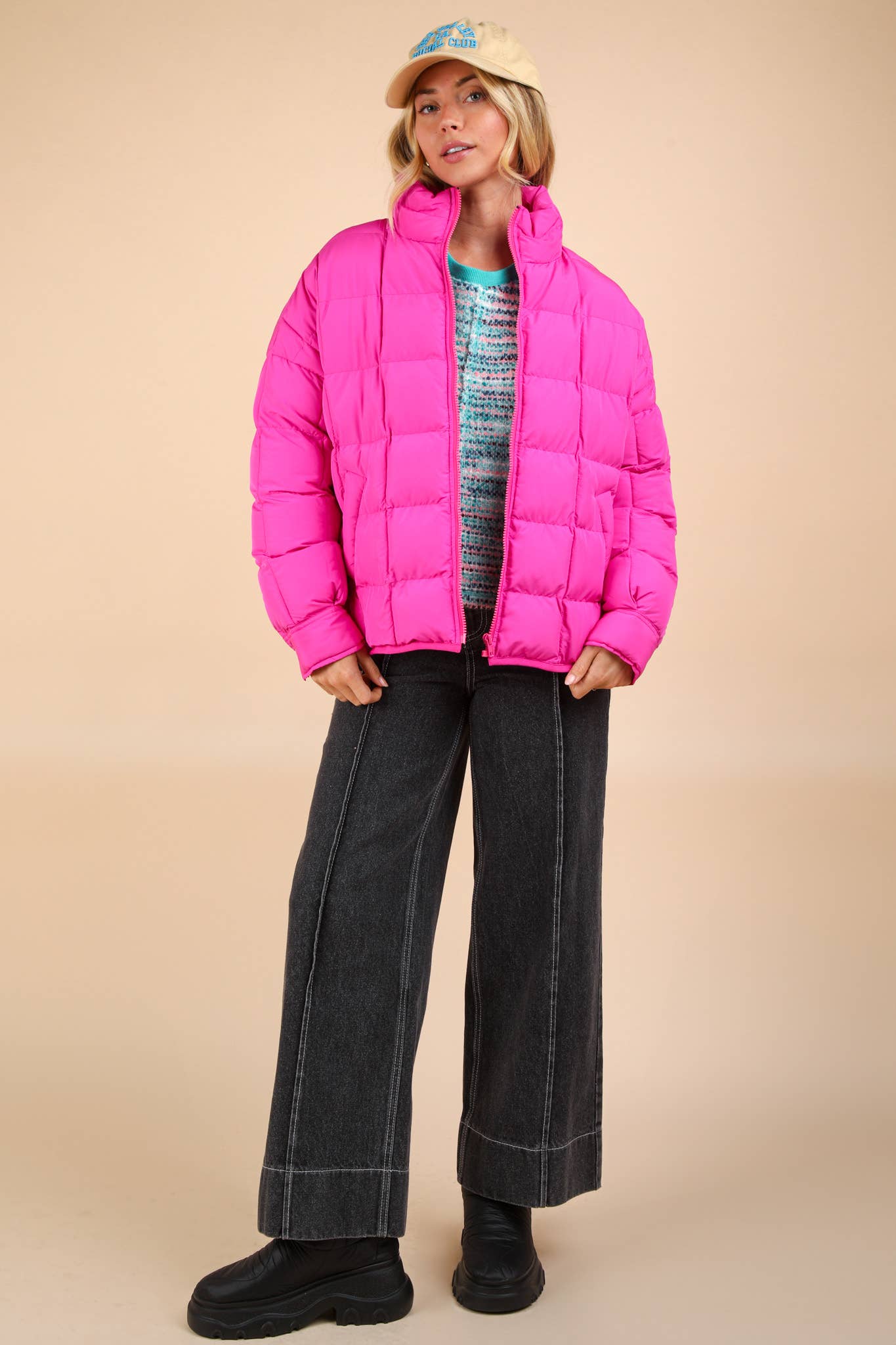 Solid Puffer Padded Warm Jacket: FUCHSIA