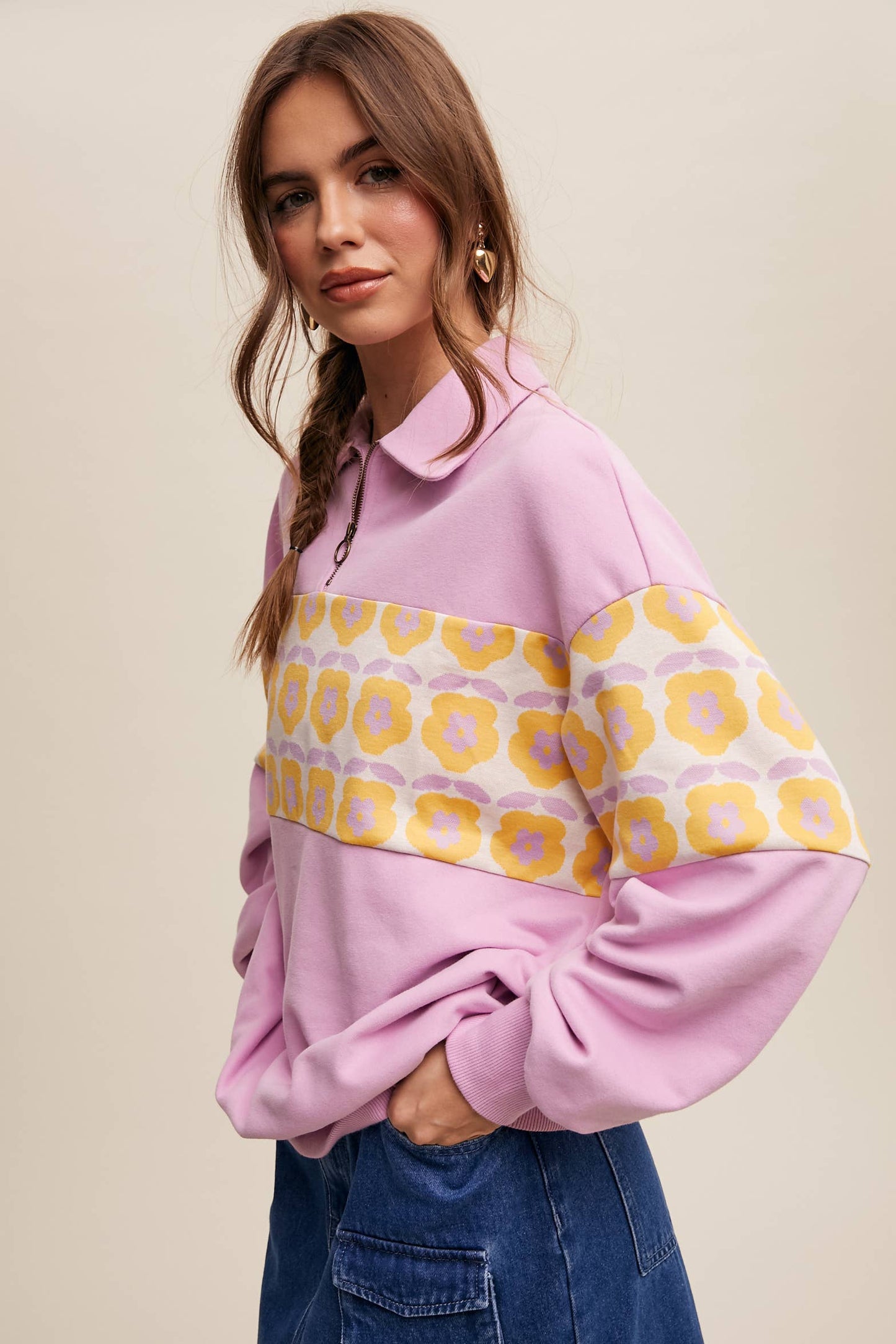 Retro Flower Panel Half-Zip Pullover