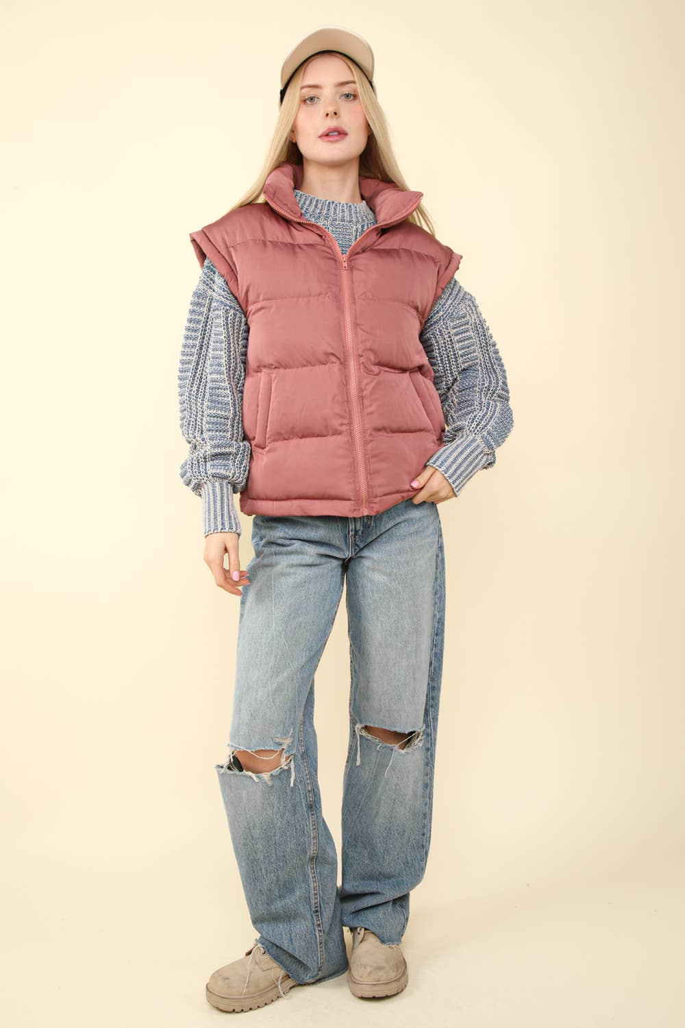 High Neck Casual Comfy Puffer Vest: MAUVE