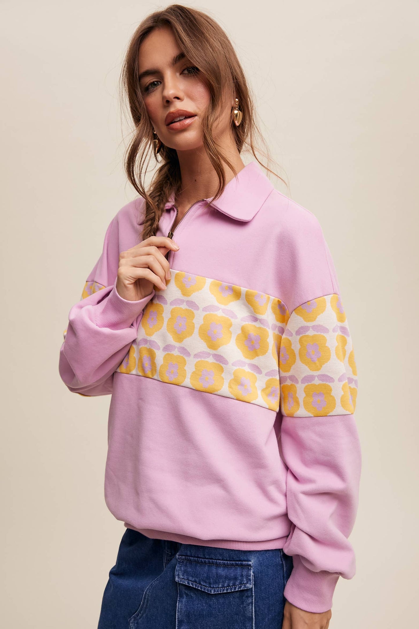 Retro Flower Panel Half-Zip Pullover