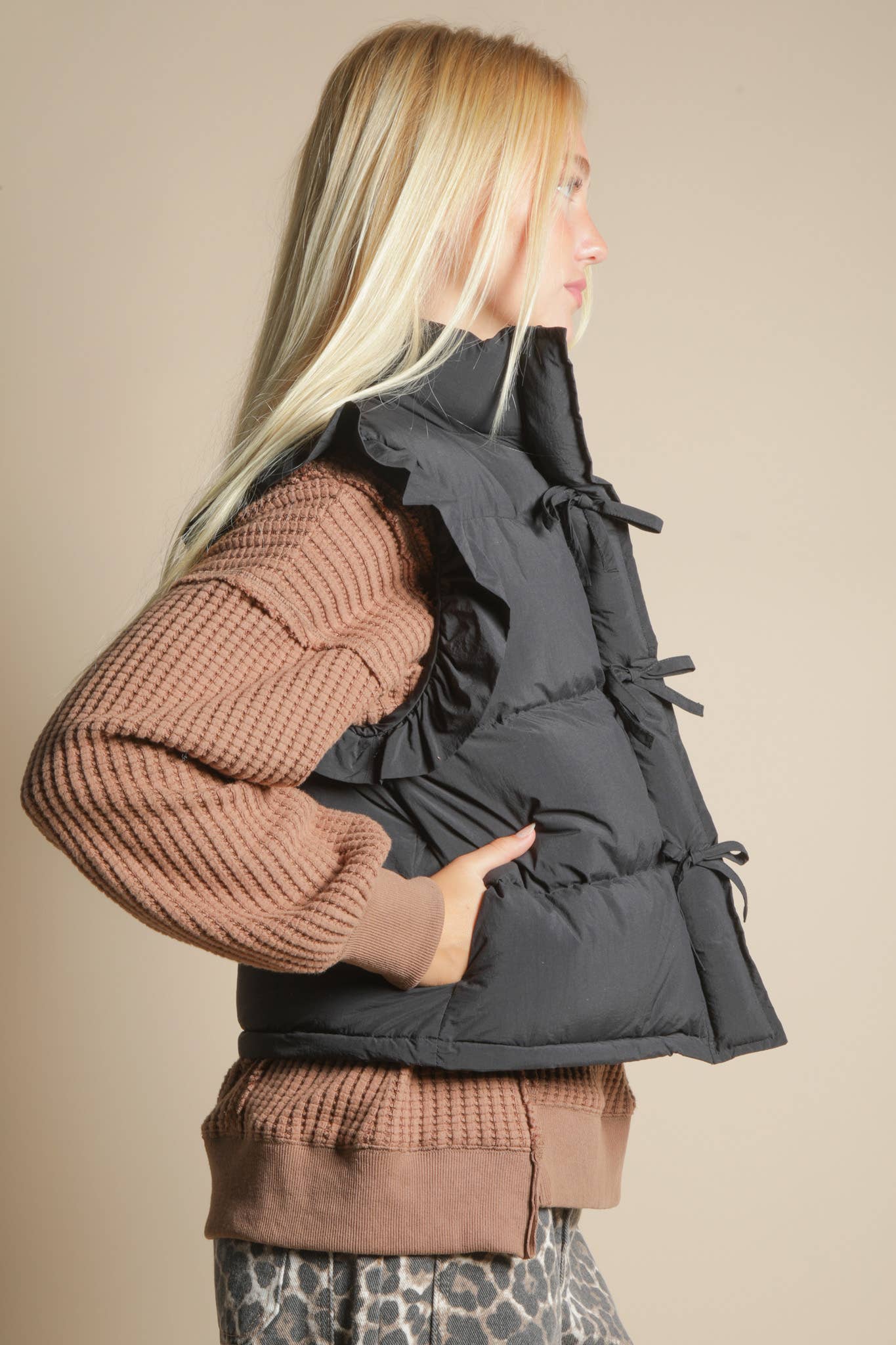 Front Bow Ruffle Sleeve Puffer Vest