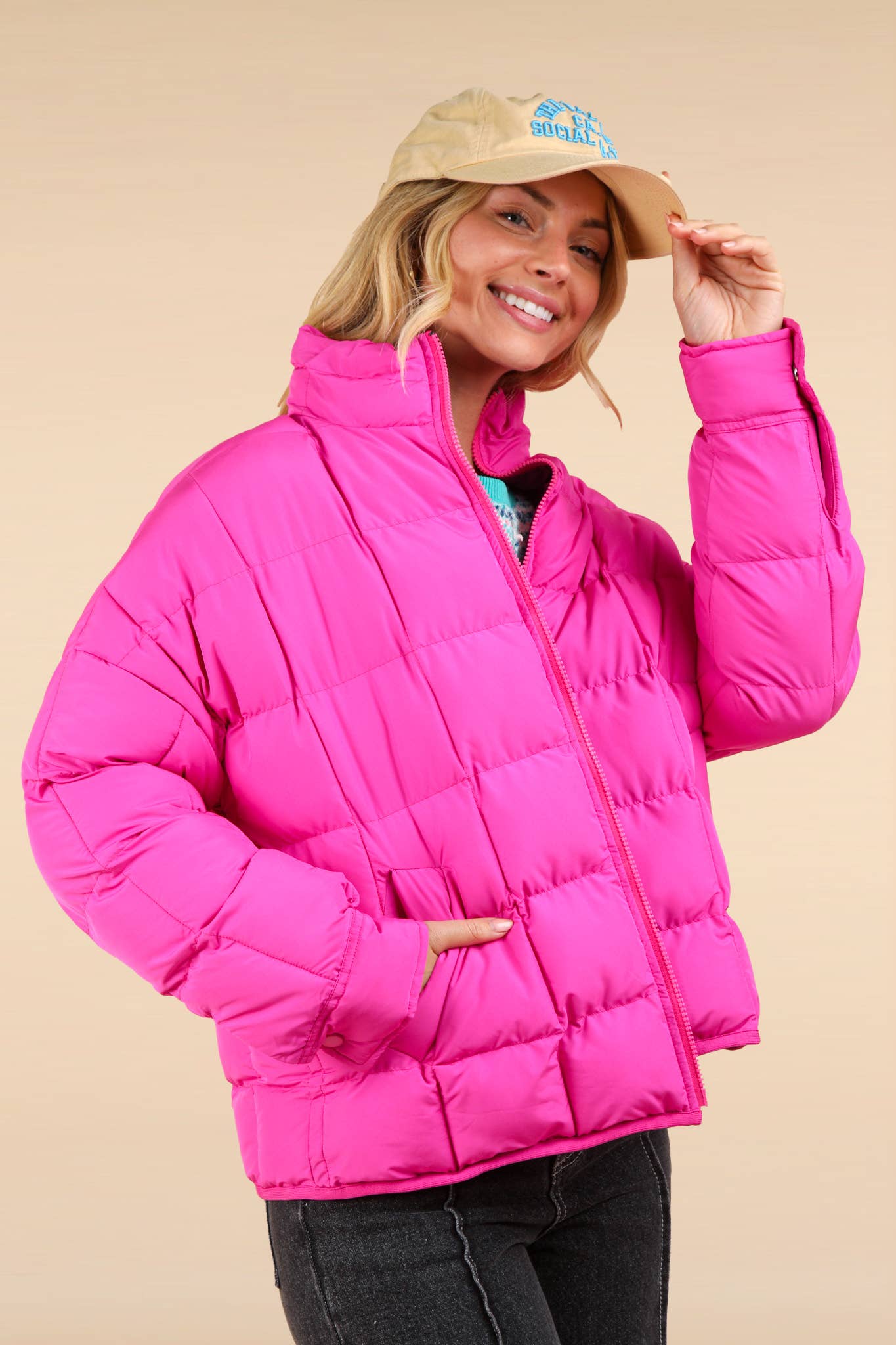 Solid Puffer Padded Warm Jacket: FUCHSIA